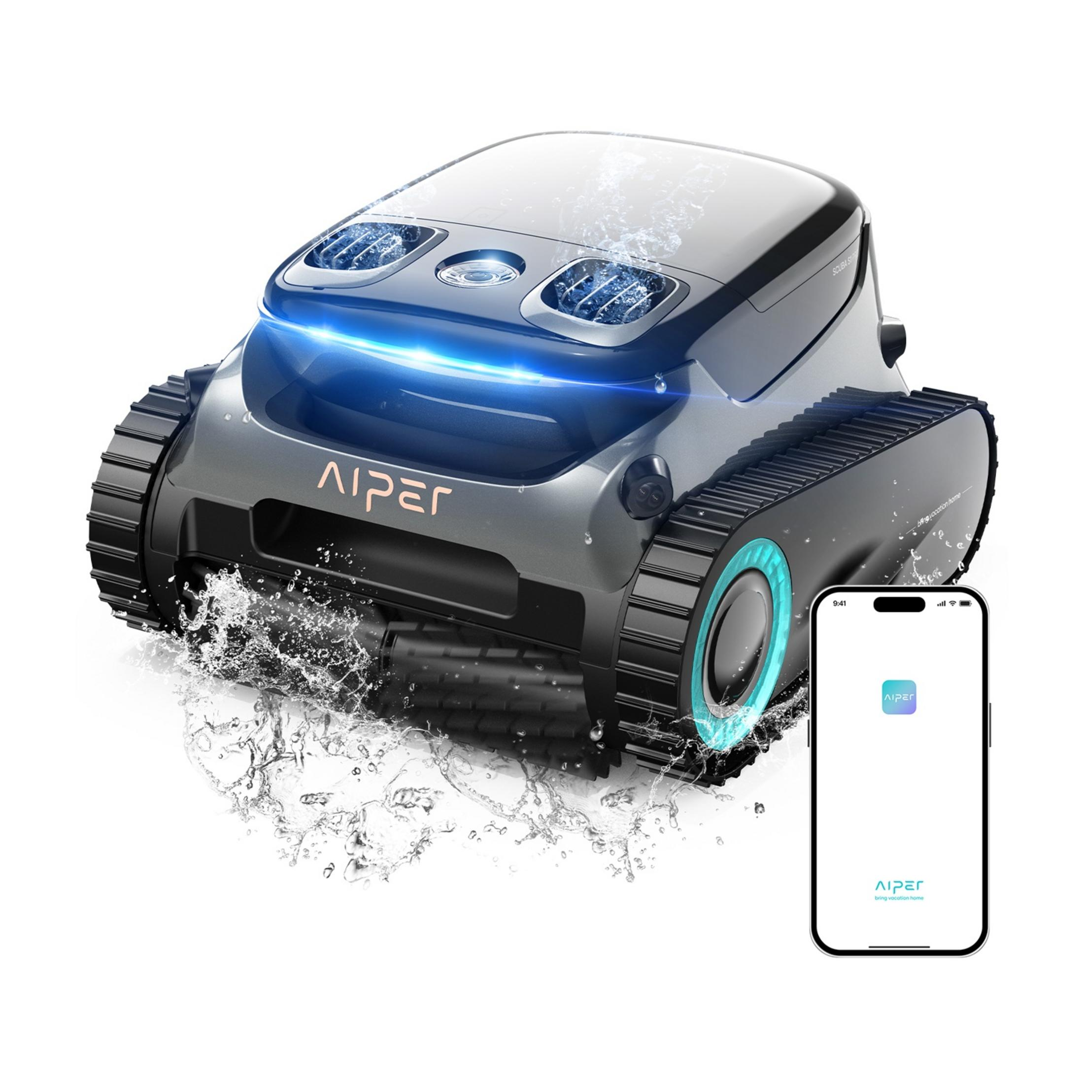 Grauer Poolroboter mit Ketten und blauem Licht, daneben ein Smartphone mit App.