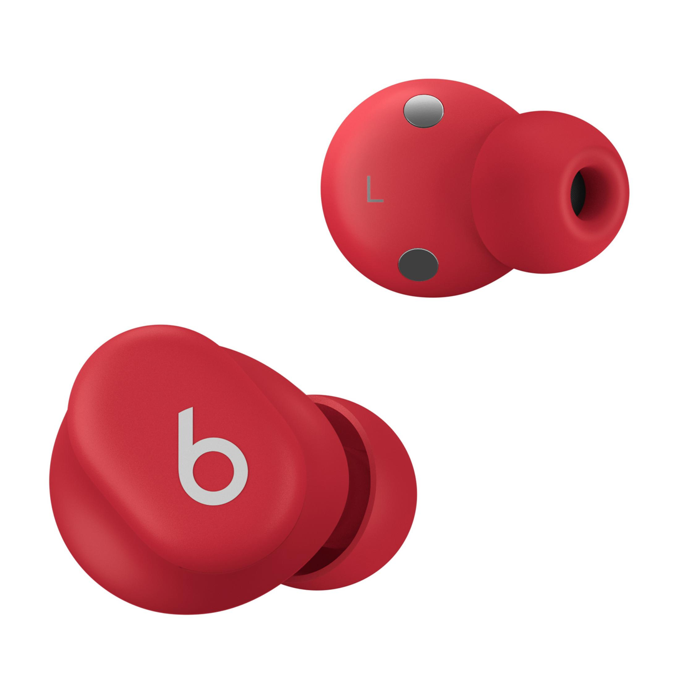Dwa czerwone bezprzewodowe słuchawki douszne, jeden z logo 'b', na białym tle.
