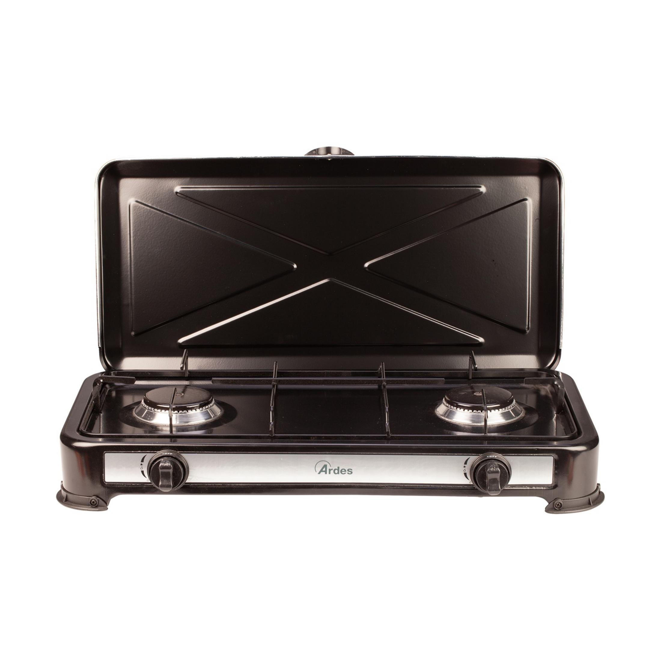 Czarna przenośna kuchenka gazowa z dwoma palnikami i otwartą pokrywą.
