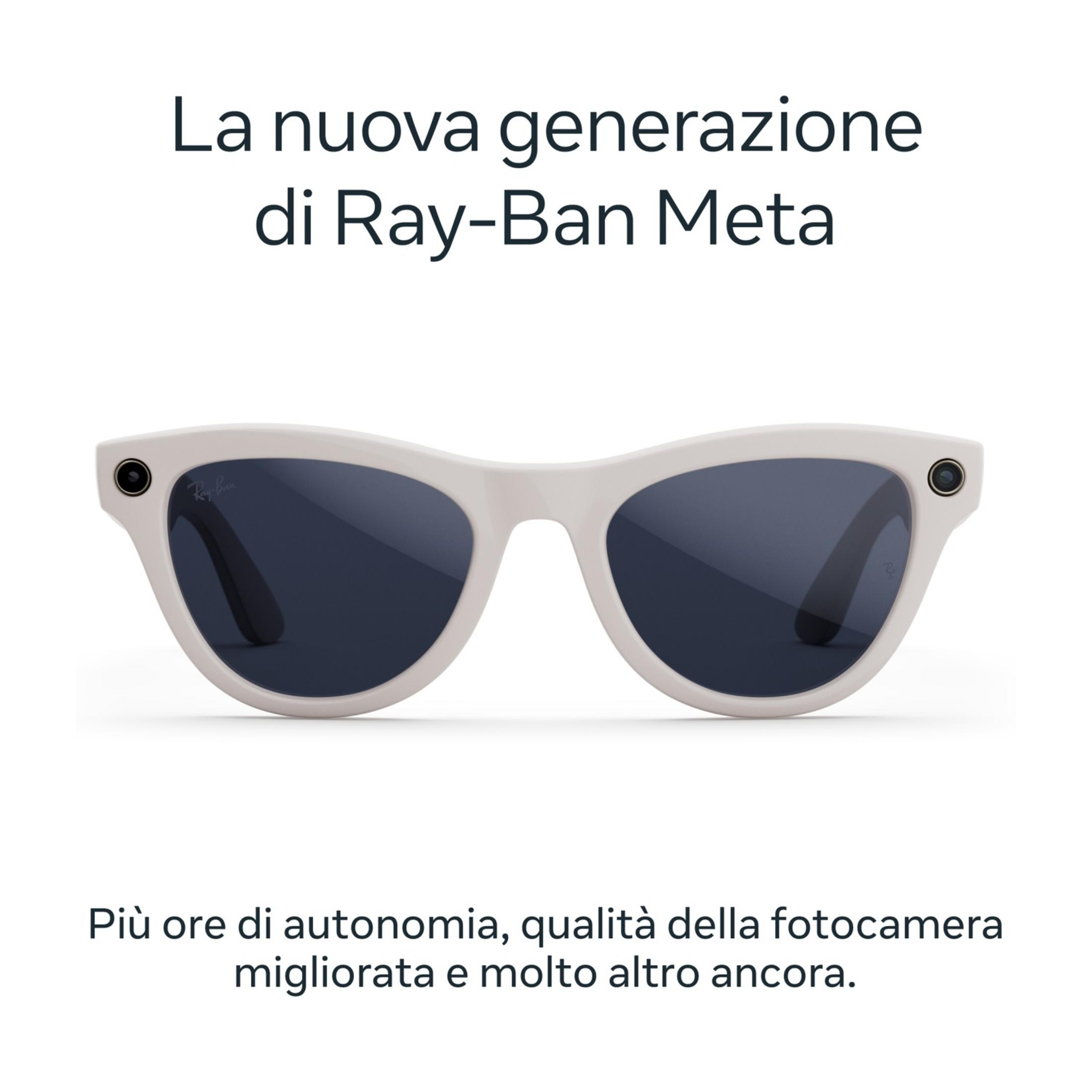 Weiße Ray-Ban Meta Brille mit dunklen Gläsern und seitlichen Kameras.