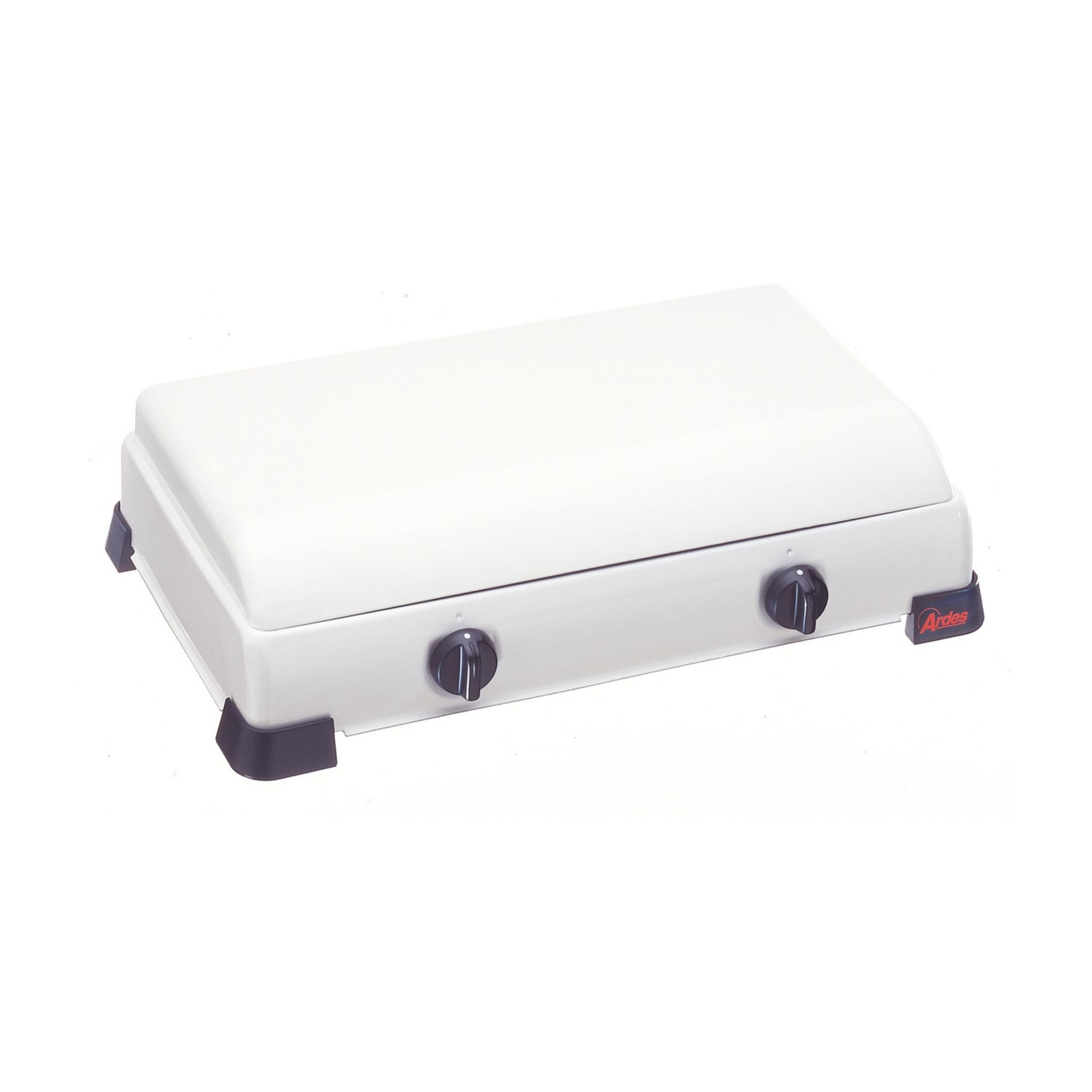 Un fornello portatile bianco con due manopole nere e il logo Ardes.