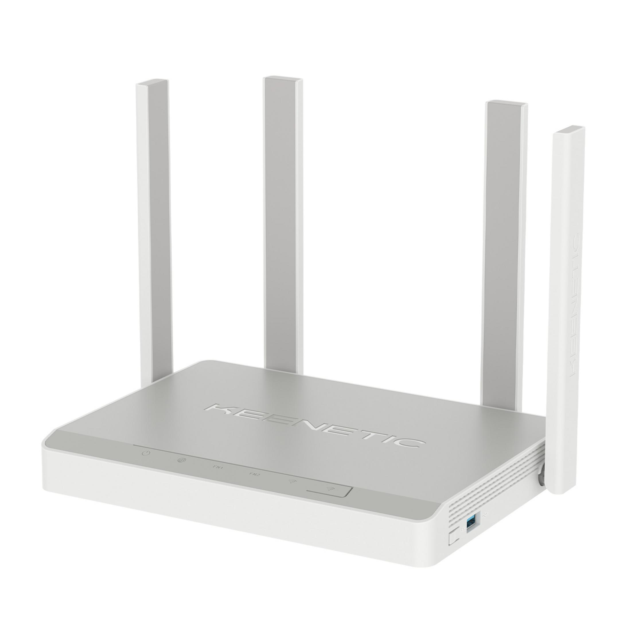 Biały router Wi-Fi z czterema antenami i logo 'KEENETIC' na obudowie.