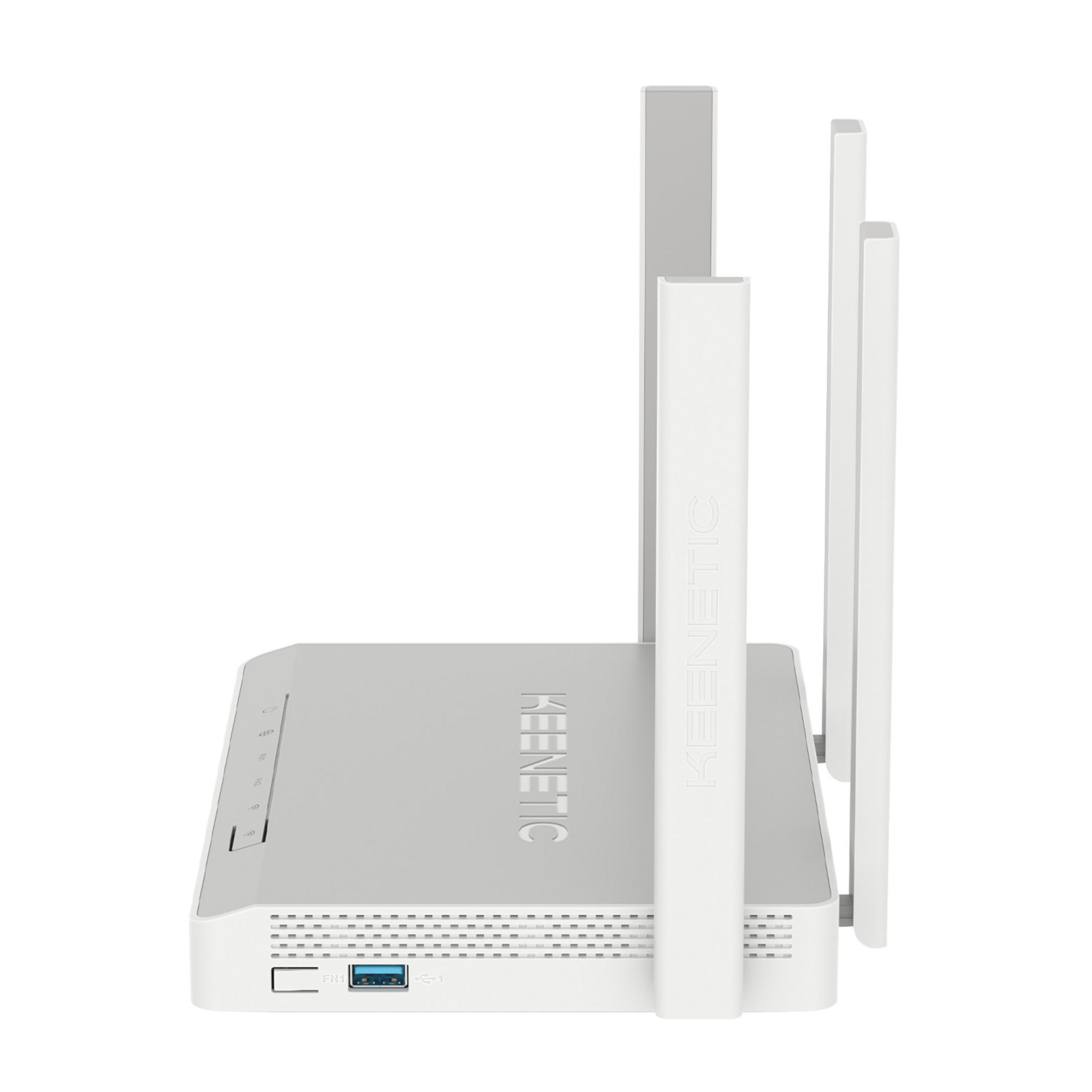 Biały router Keenetic z trzema antenami.