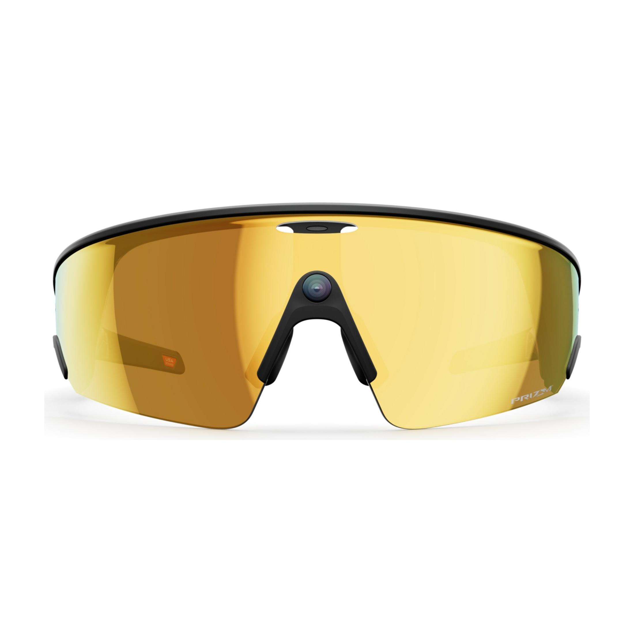 Sportbrille mit goldspiegelnden Gläsern und schwarzem Rahmen.