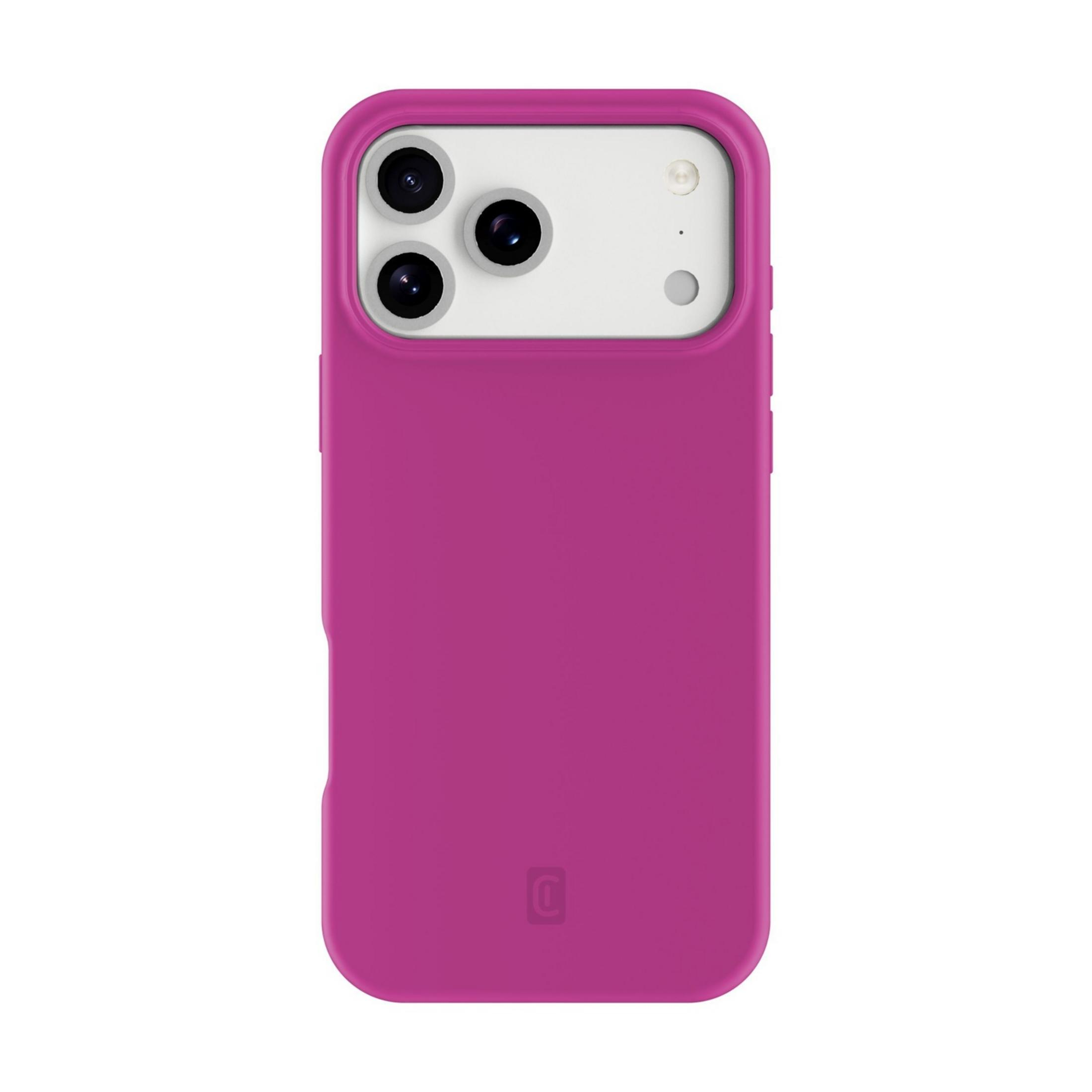 Una funda de teléfono rosa con tres lentes de cámara y flash.