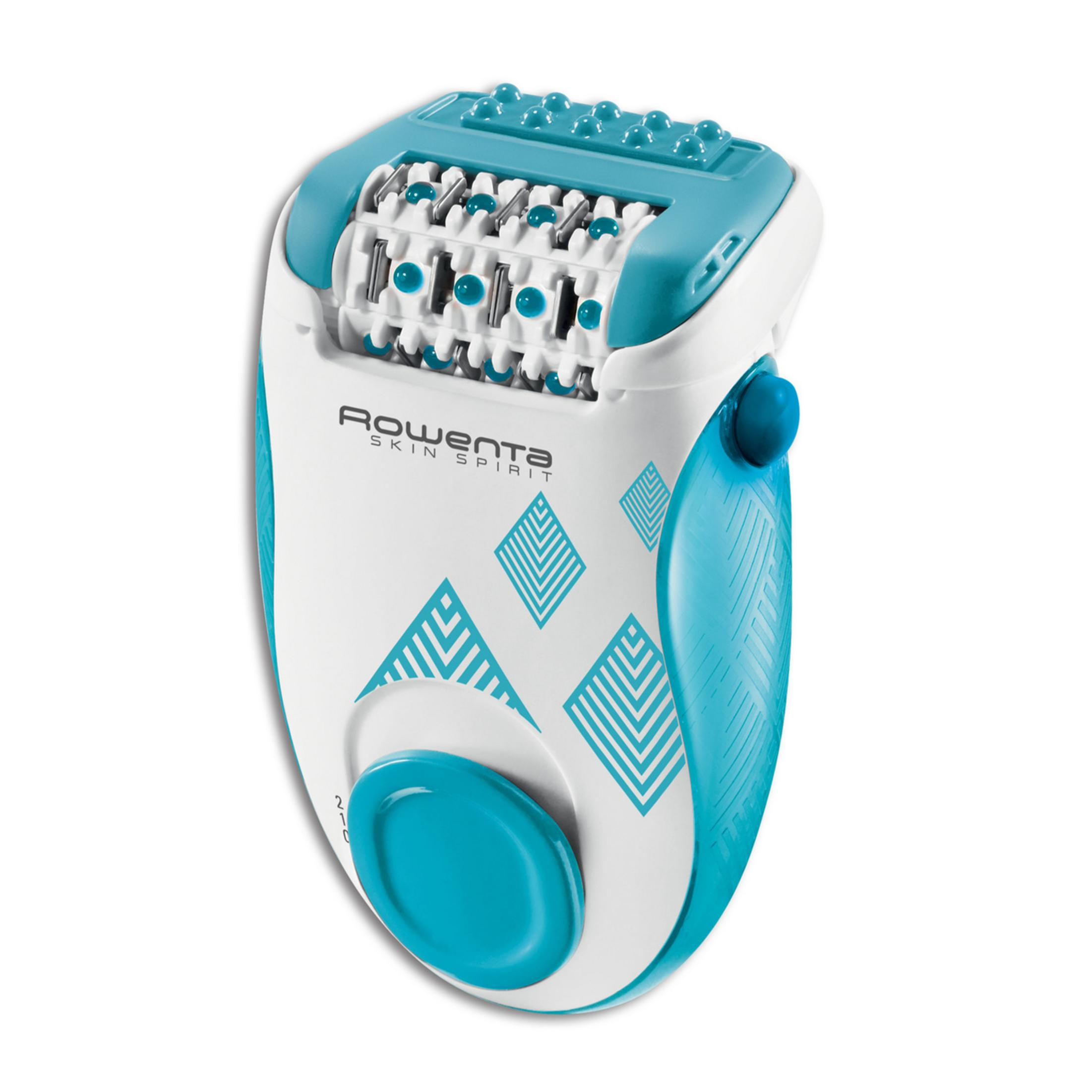 Biało-turkusowa depilarka z obrotowymi ostrzami i niebieskimi kulkami.