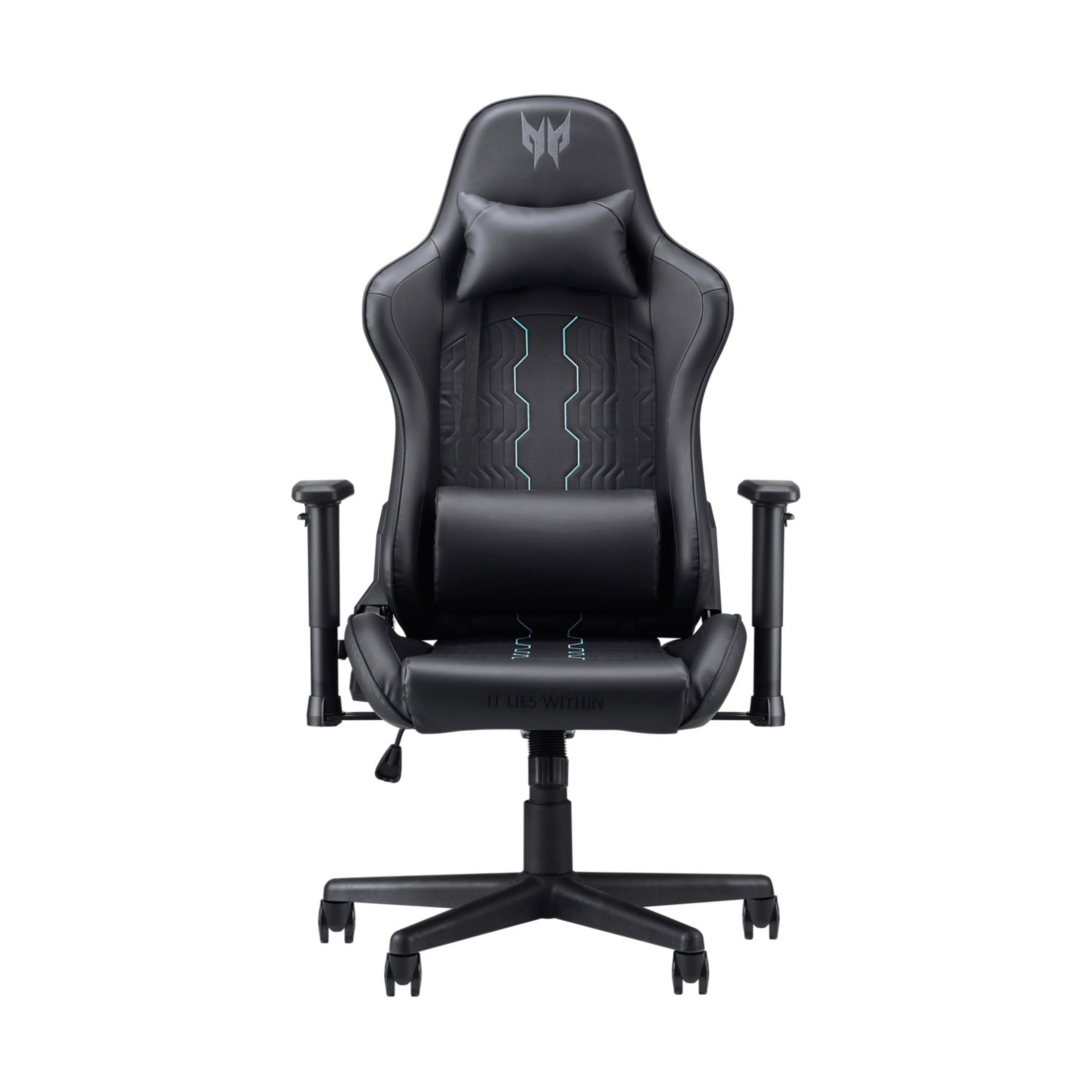 Sedia da gaming nera con poggiatesta e cuscino lombare, accenti blu.