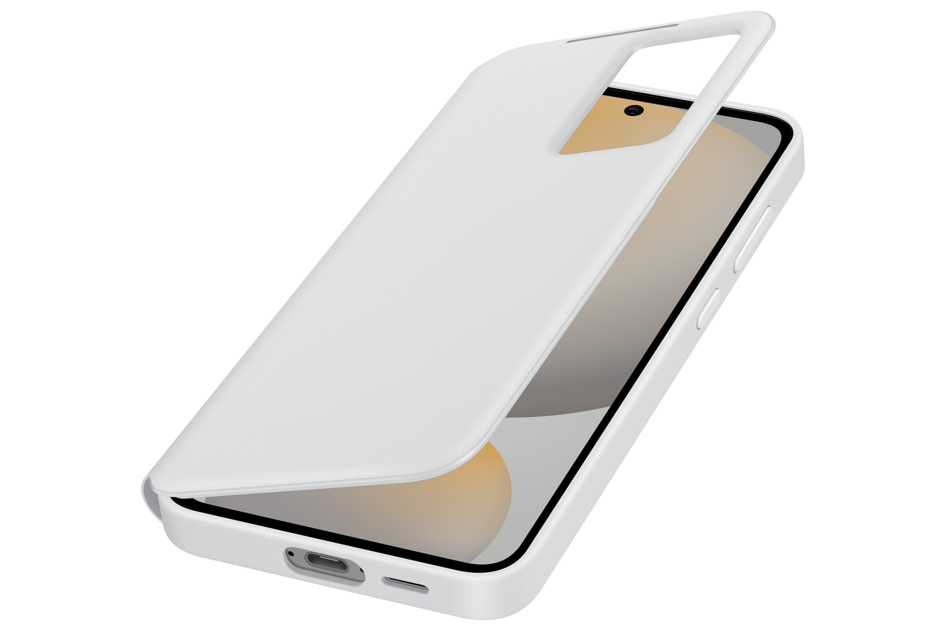Een witte smartphone met een witte hoes die gedeeltelijk is verwijderd.