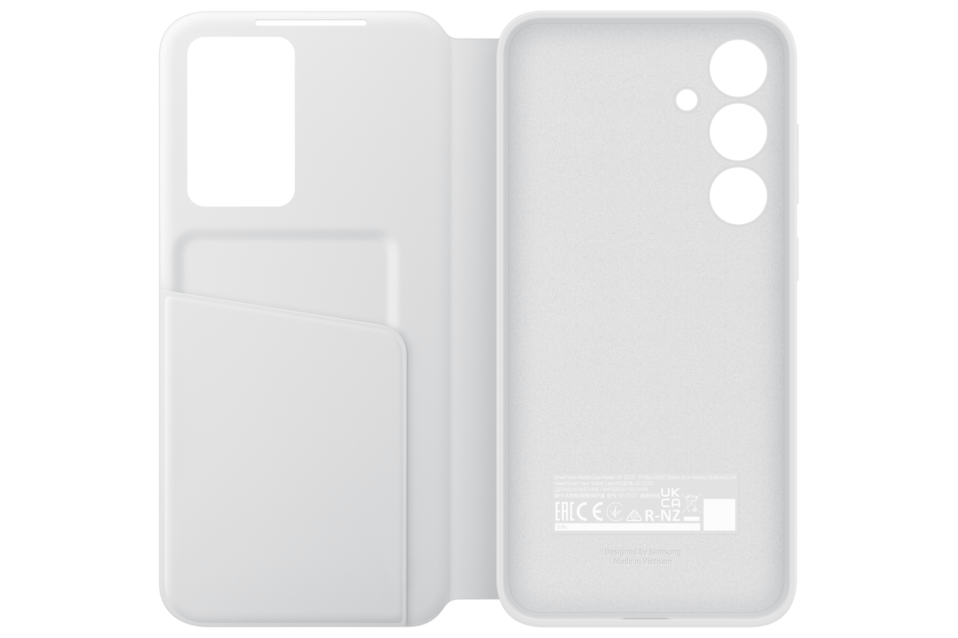 Witte telefoonhoes met klep, voor- en achterkant zichtbaar.