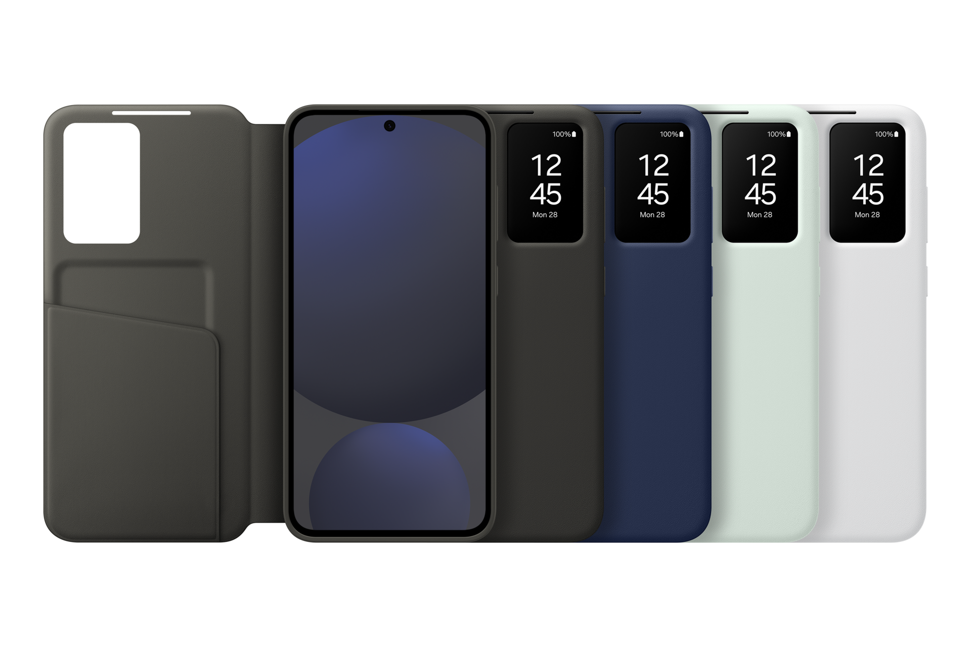 Een smartphone met een grijze hoes en vier andere hoezen in zwart, blauw, groen en wit.
