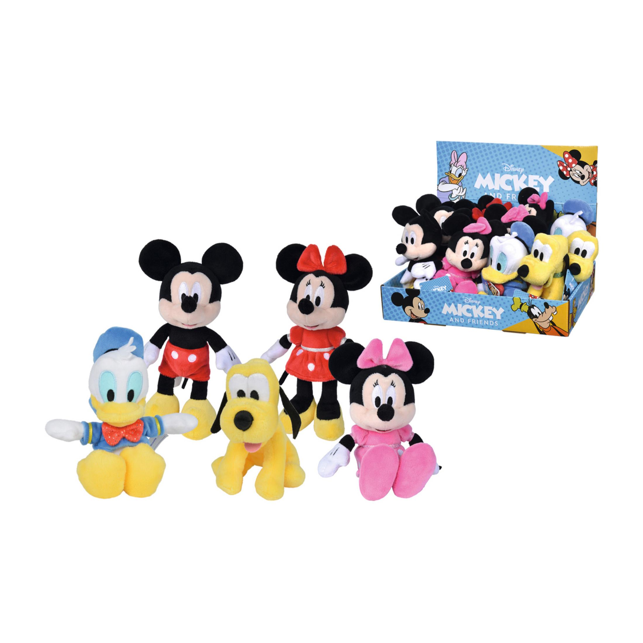 Plüschtiere von Micky, Minnie, Donald, Pluto und Daisy in einem Karton.