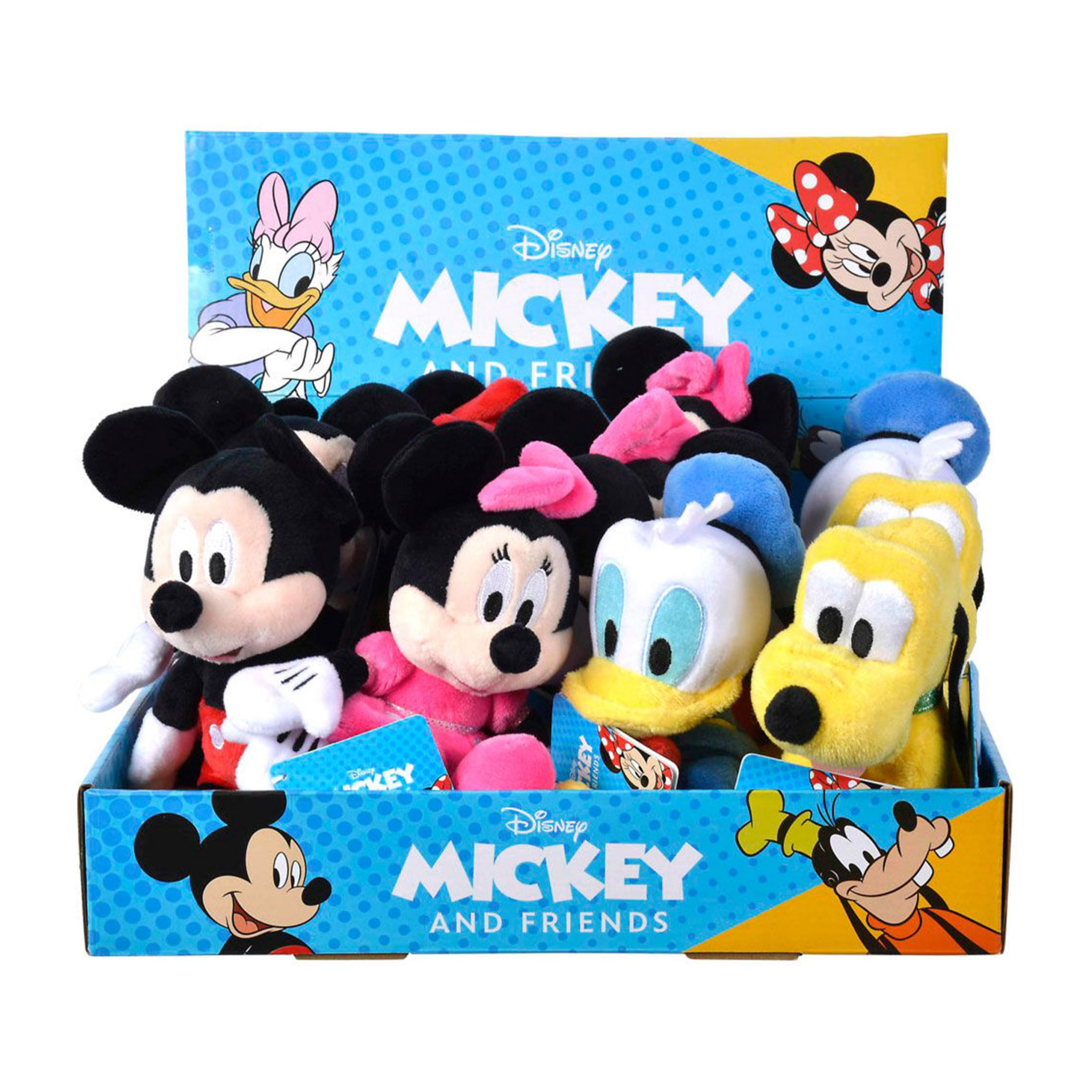 Plüschtiere von Micky, Minnie, Donald und Pluto in einer Box mit Disney-Motiven.
