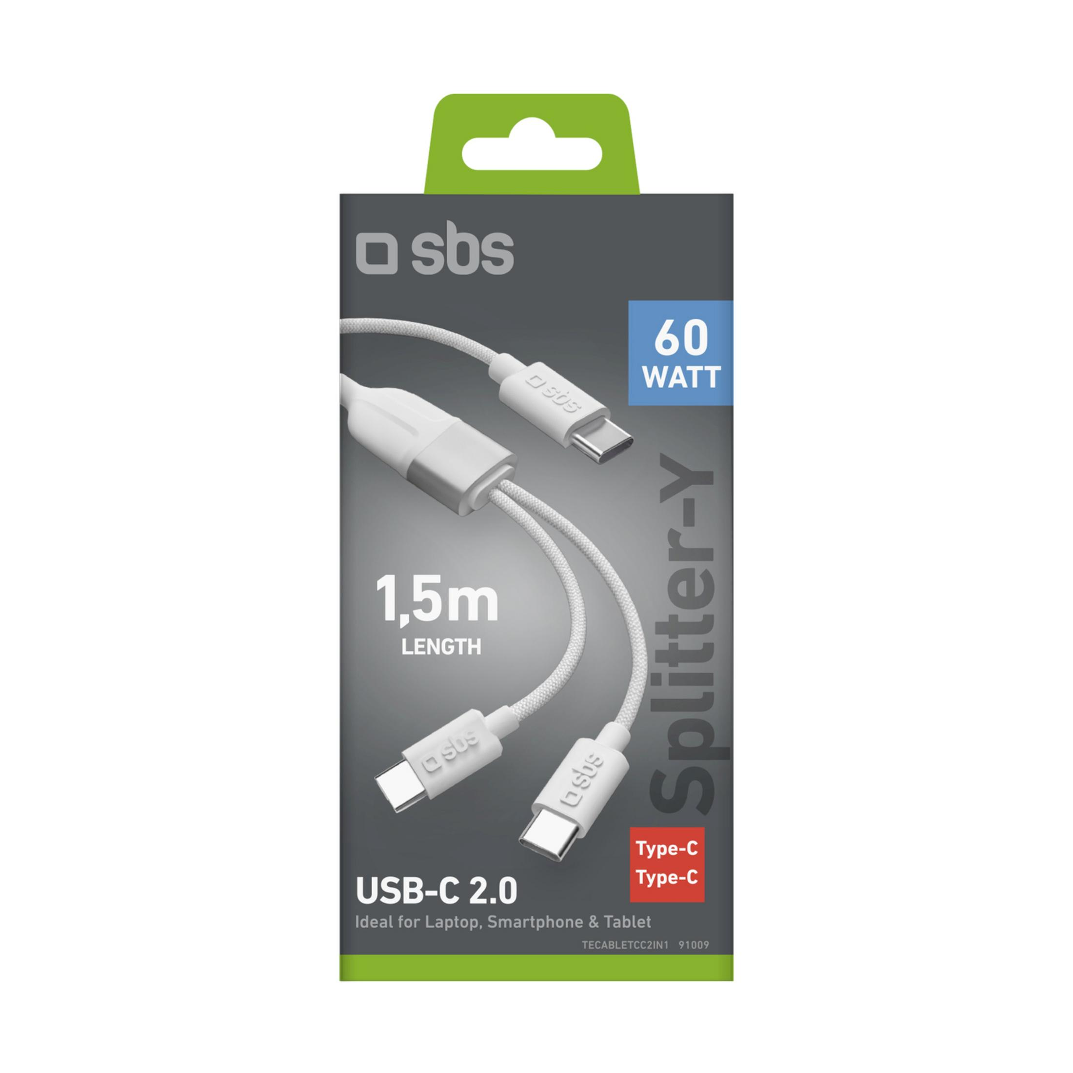 Ein weißes SBS USB-C 2.0 Splitterkabel, 1,5m lang, 60W, für Laptops und Handys.