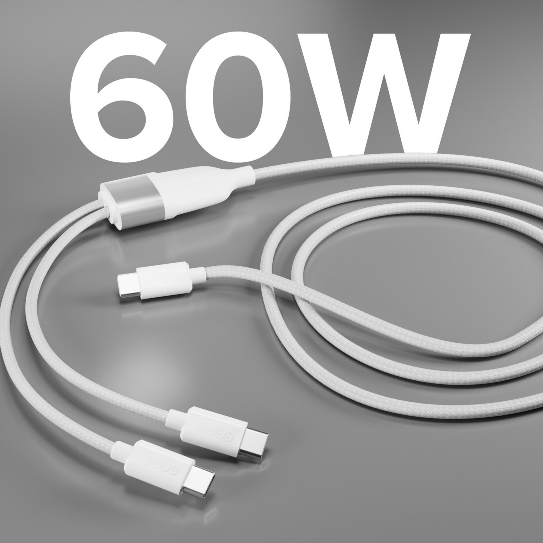 Ein weißes 60W USB-C Kabel mit zwei Anschlüssen liegt auf grauem Hintergrund.