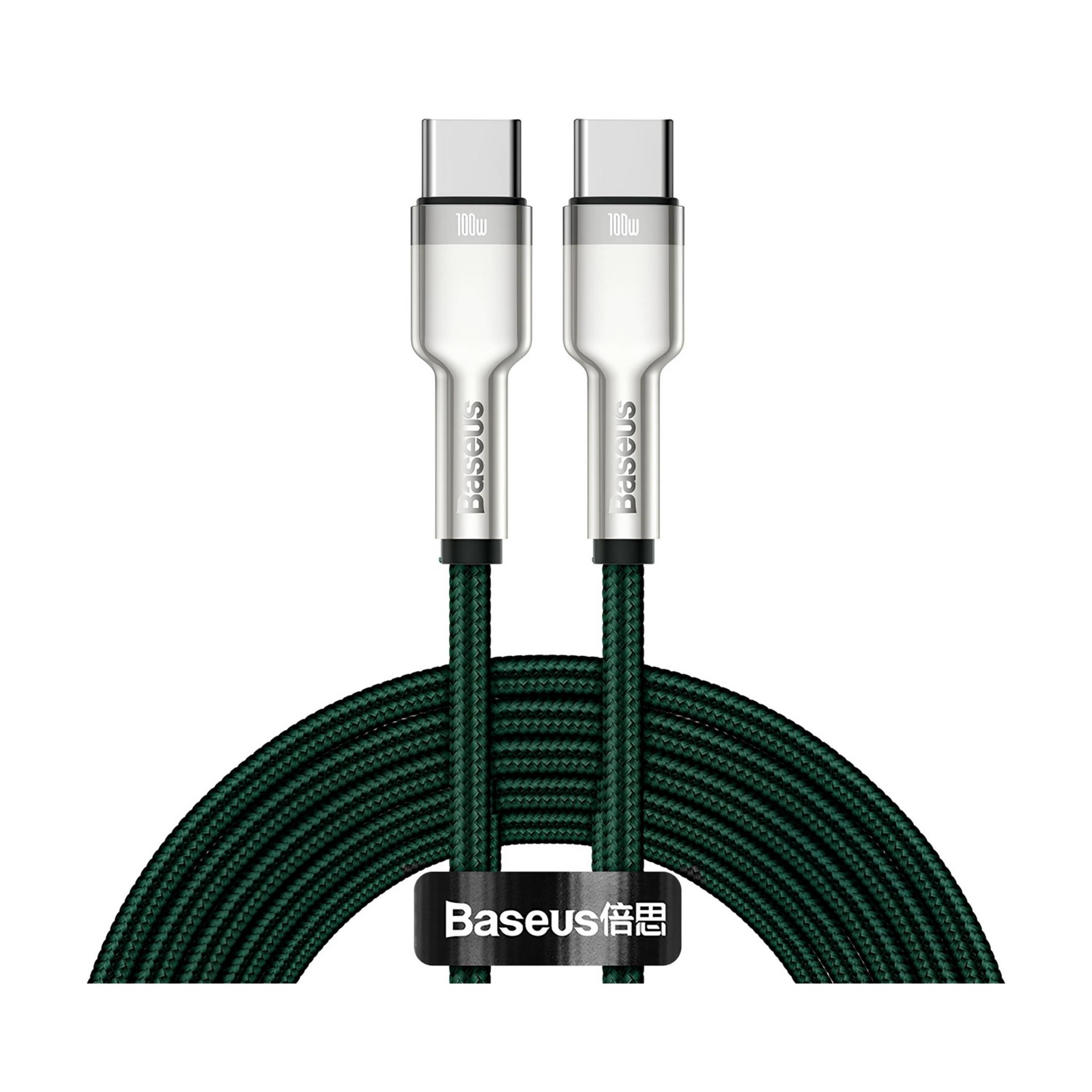 Dwa zielone kable USB-C ze srebrnymi złączami, oznaczone 100W.