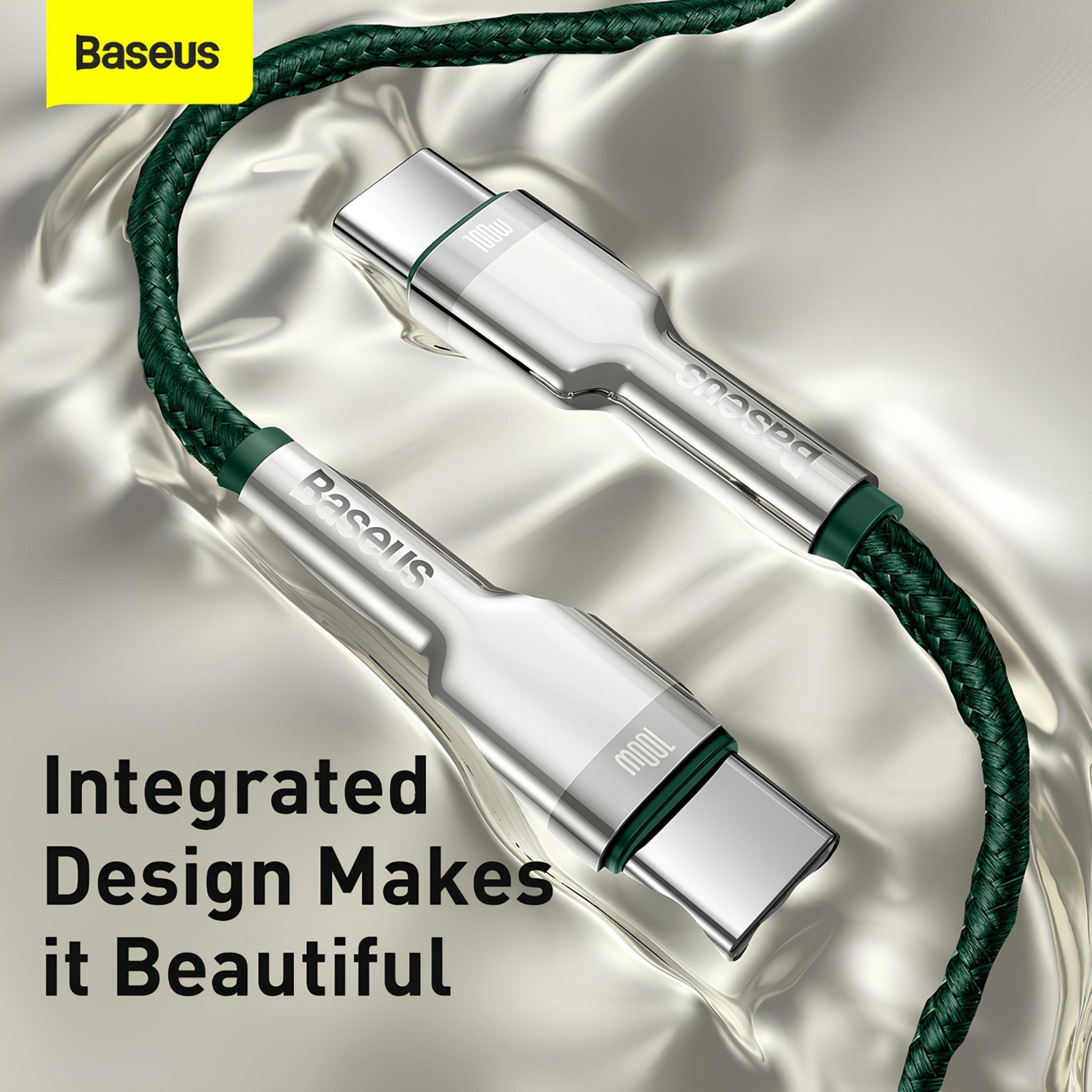 Dwa kable USB-C z zielonym, plecionym przewodem i srebrnymi złączami na błyszczącej powierzchni.