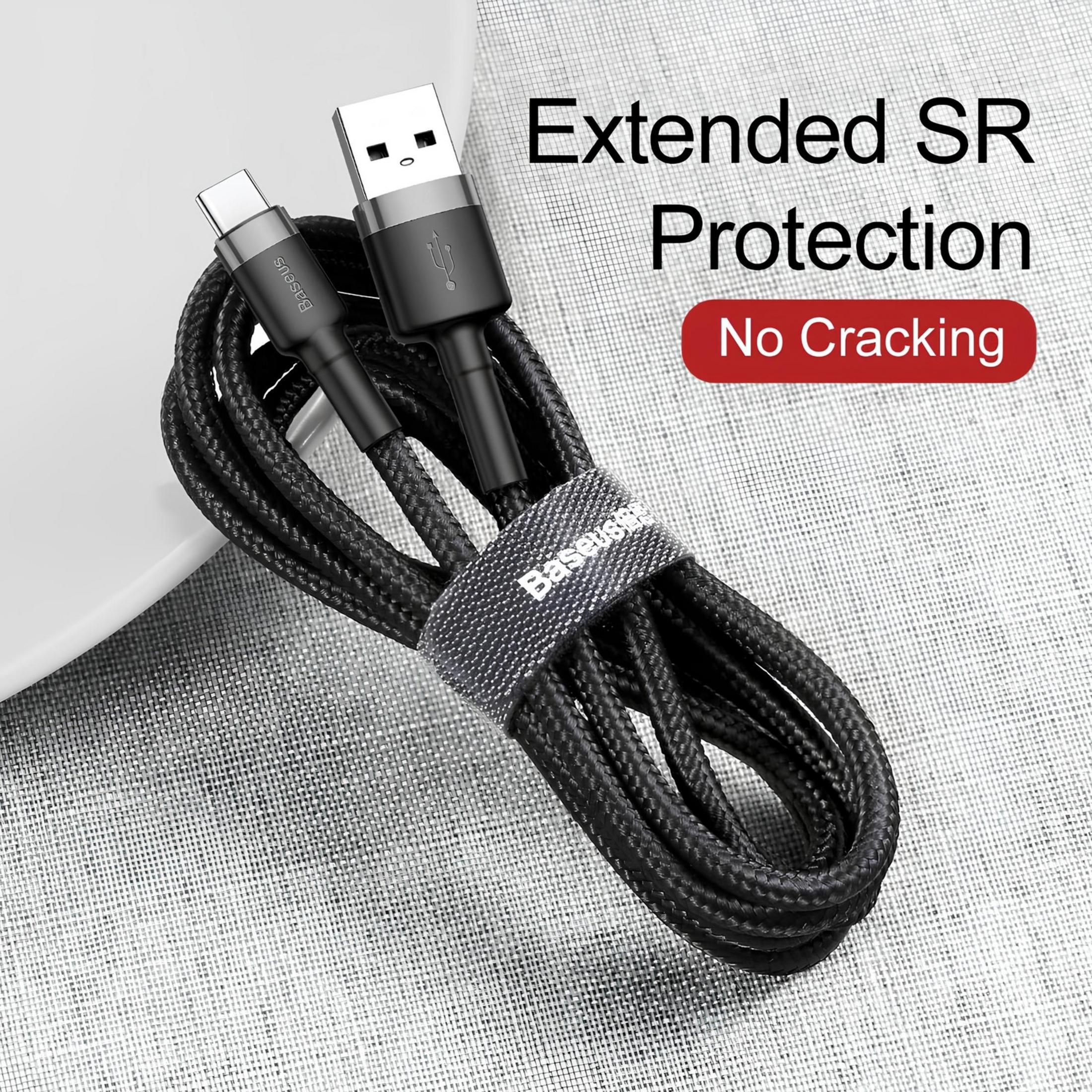 Zwarte USB-C kabel met USB-A connector, gebundeld met klittenband.