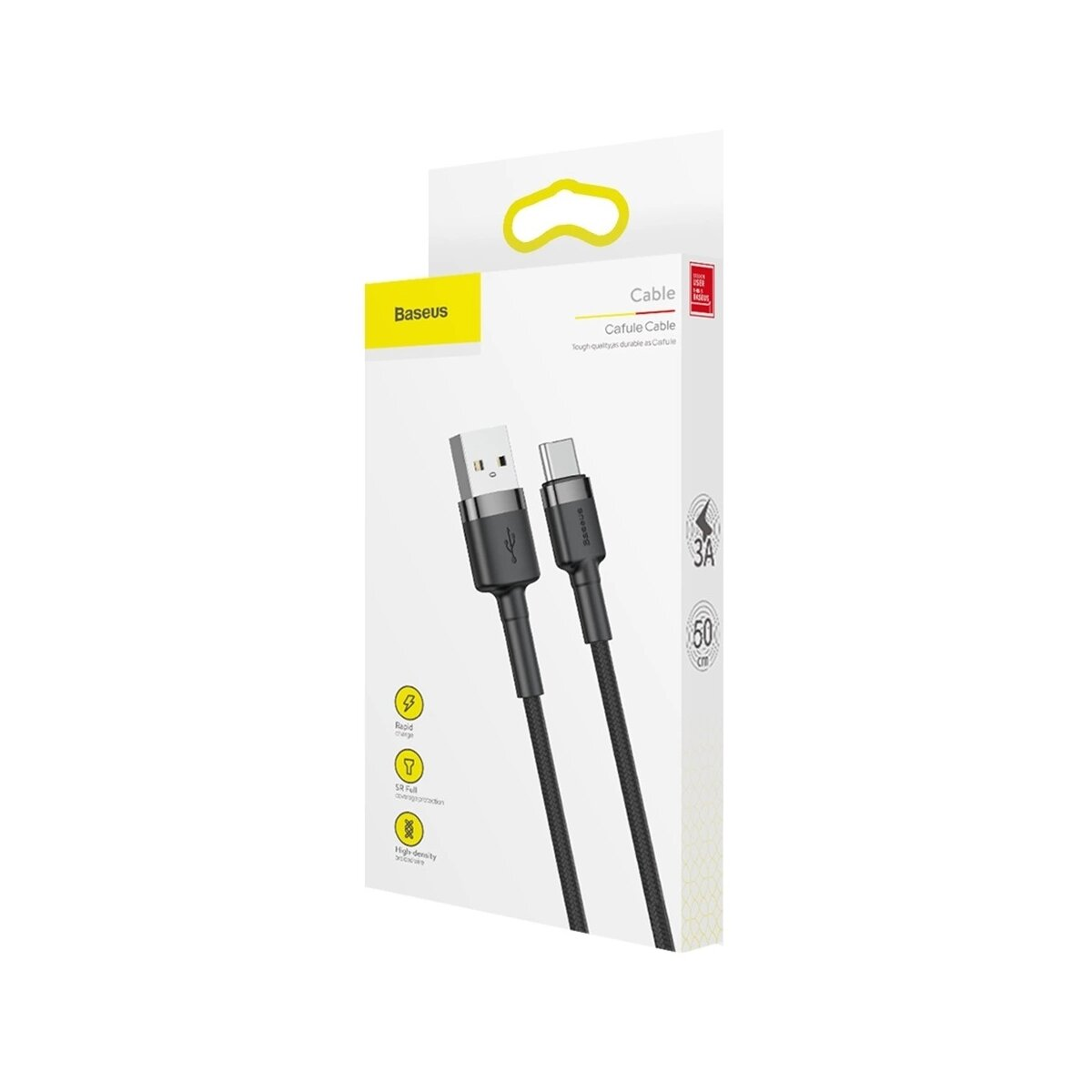 Cavo Baseus Cafule: da USB-A a USB-C, nero, 3A, 50cm, per ricarica rapida.