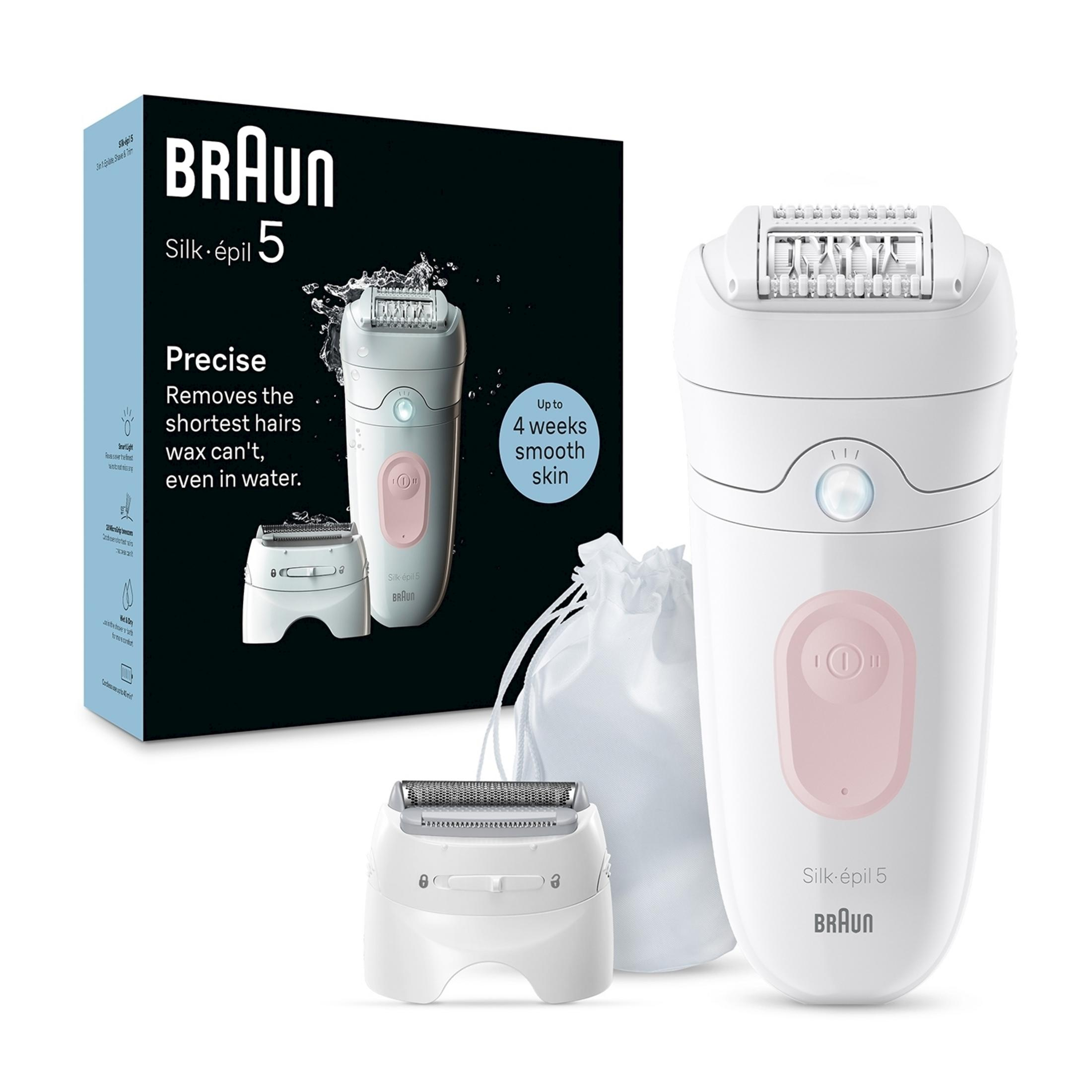 Depilator Braun Silk-épil 5, biały i różowy, z akcesoriami i opakowaniem.