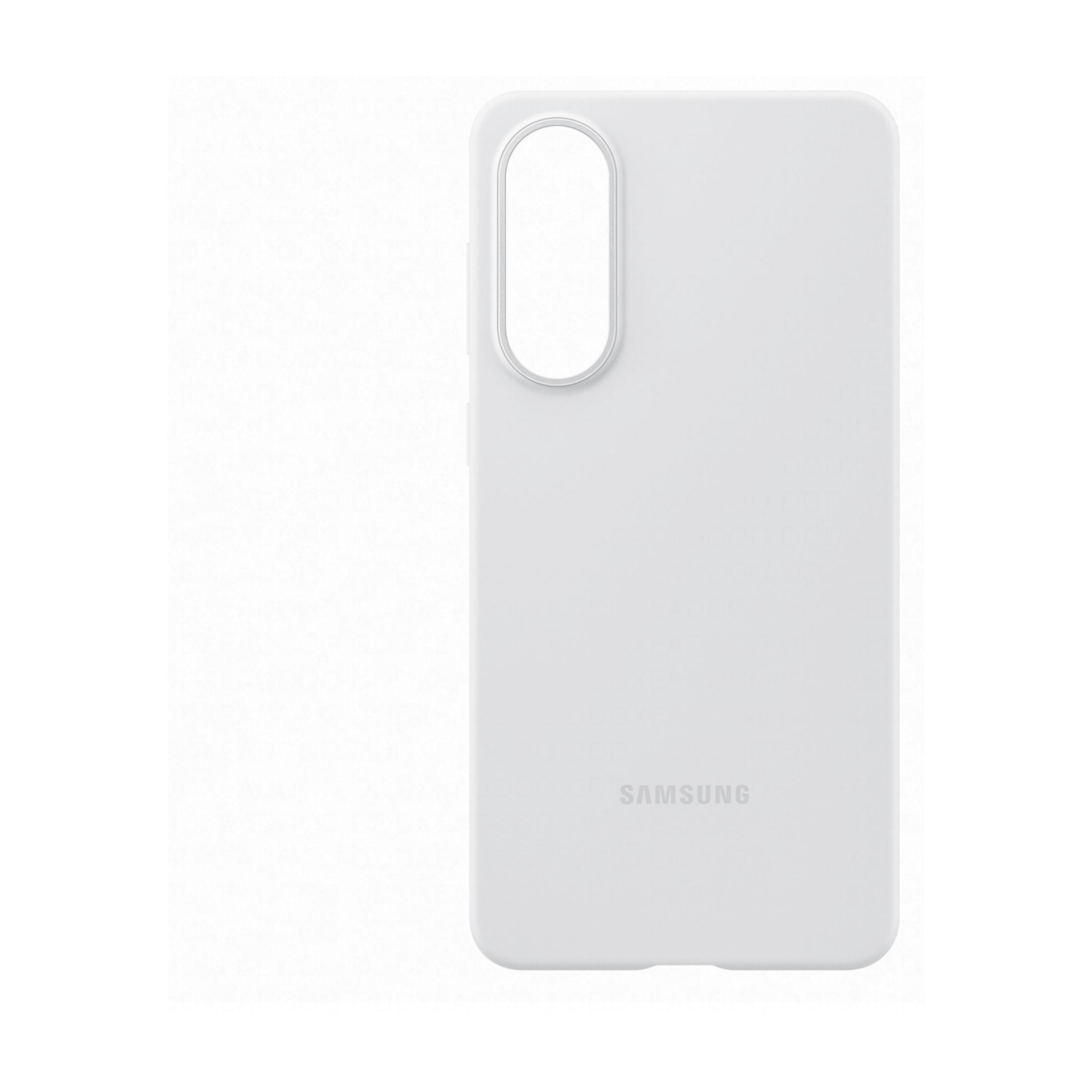 Custodia bianca per telefono con ritaglio fotocamera e logo Samsung.