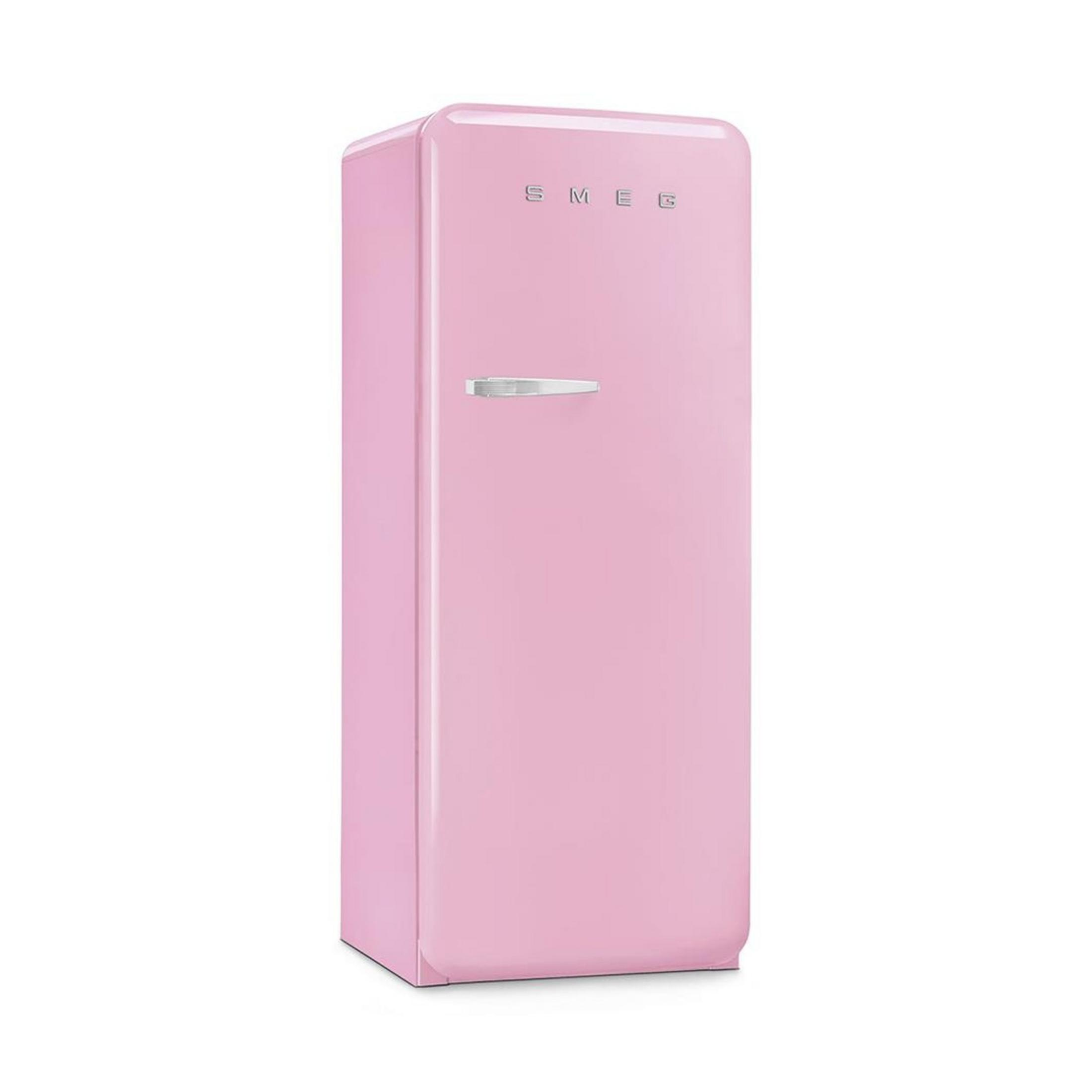 Un refrigerador SMEG rosa con un asa plateada y diseño retro.
