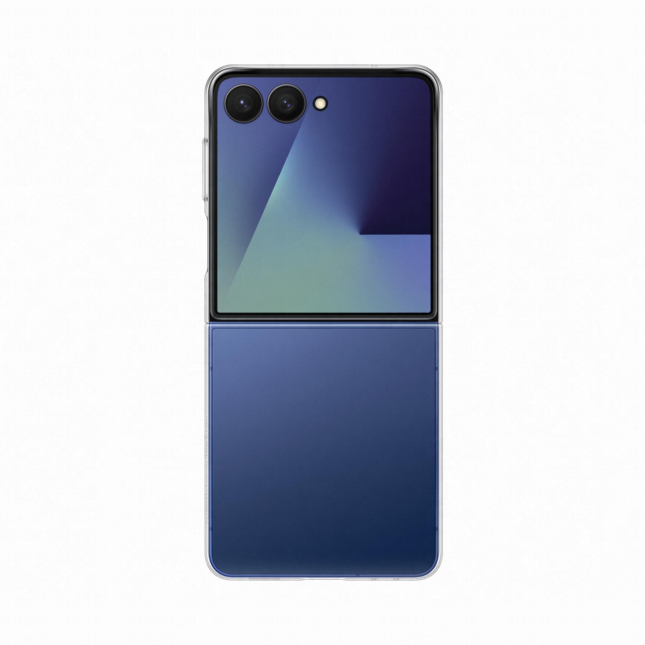 Un teléfono plegable azul con dos cámaras y flash en la parte superior.