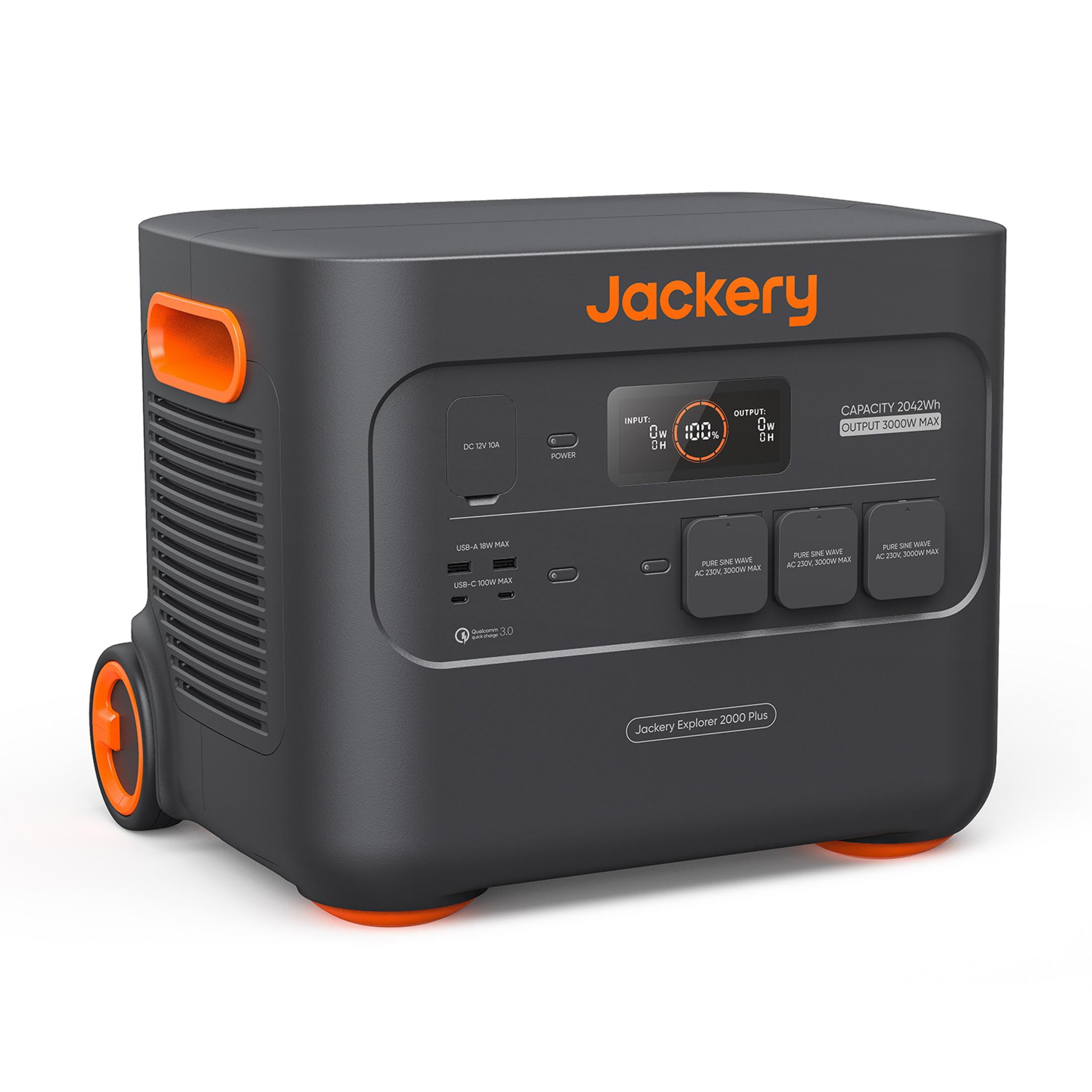 Una centrale elettrica Jackery Explorer 2000 Plus grigia con accenti arancioni.