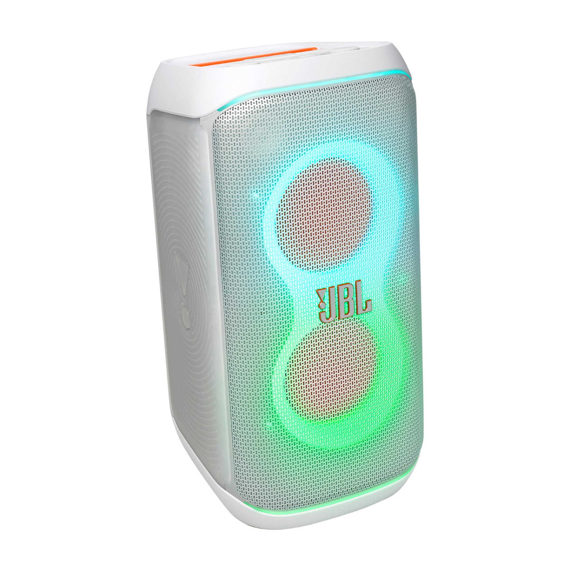 Altoparlante JBL bianco con luci blu e verdi luminose.