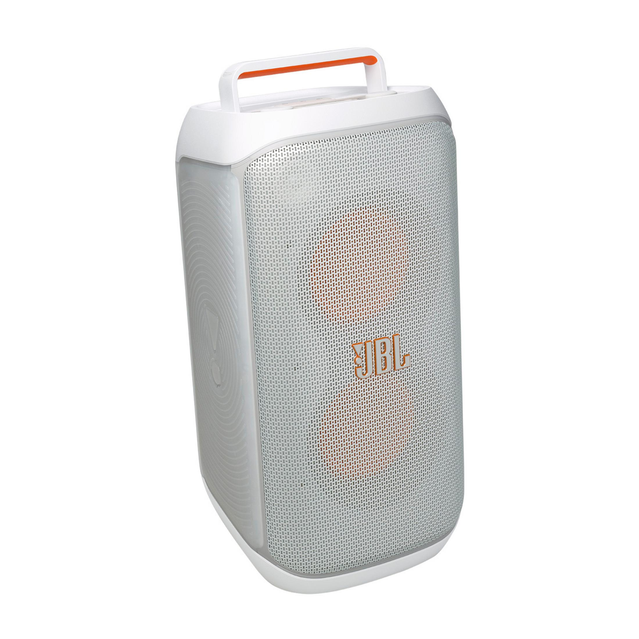 Un altoparlante JBL bianco con manico e griglia arancioni.