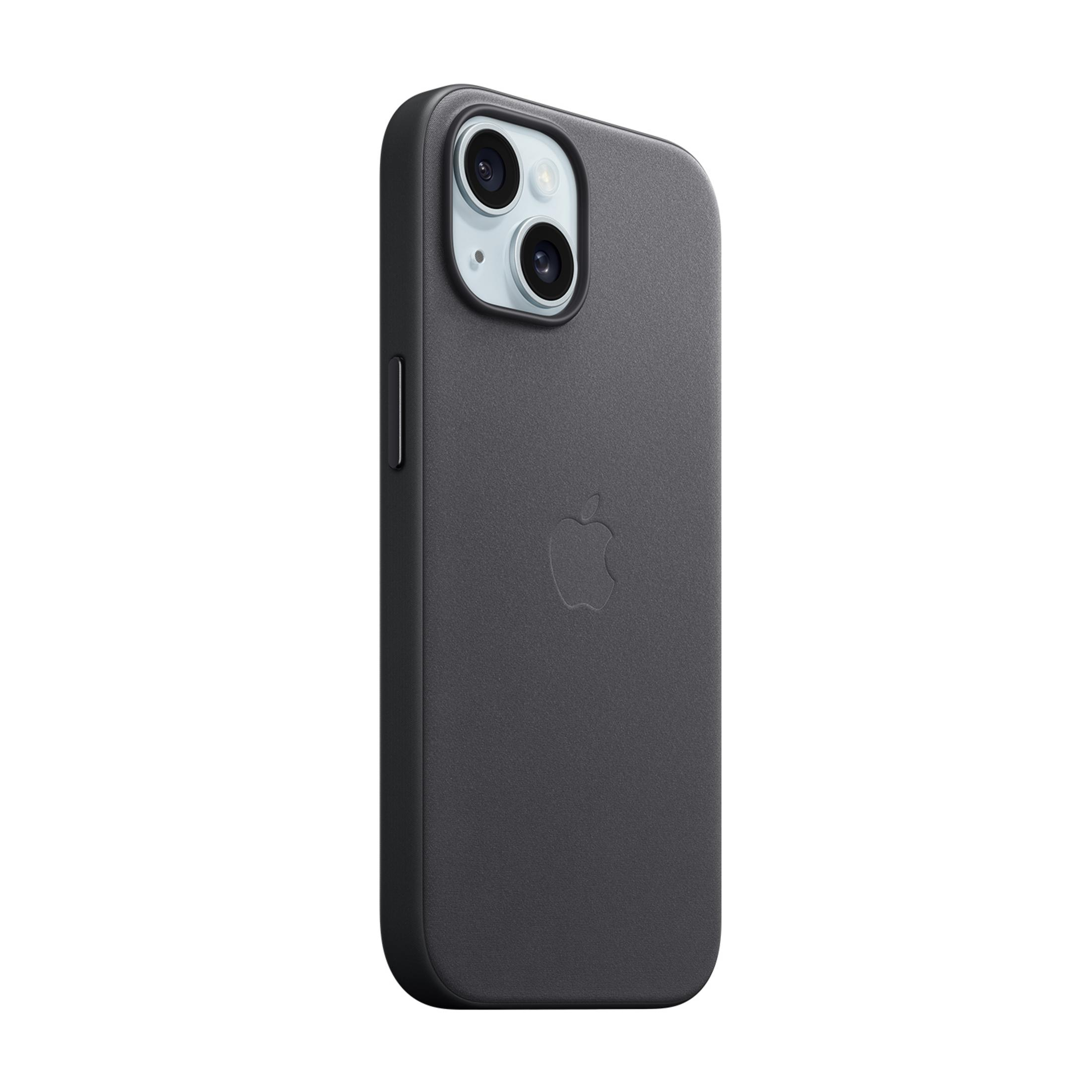 Donkergrijs telefoonhoesje met Apple-logo en camera-uitsparing.