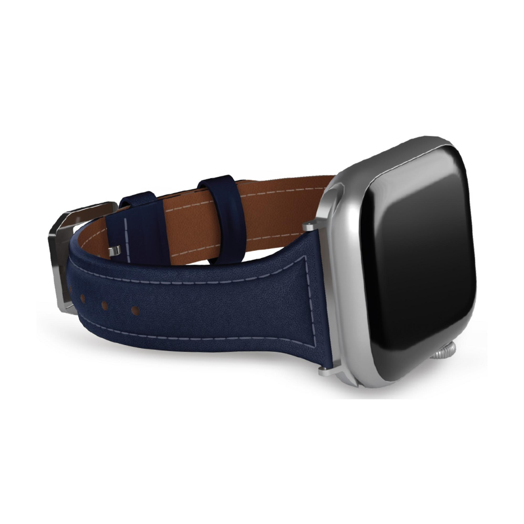 Un reloj inteligente plateado con correa de cuero azul oscuro y forro marrón.