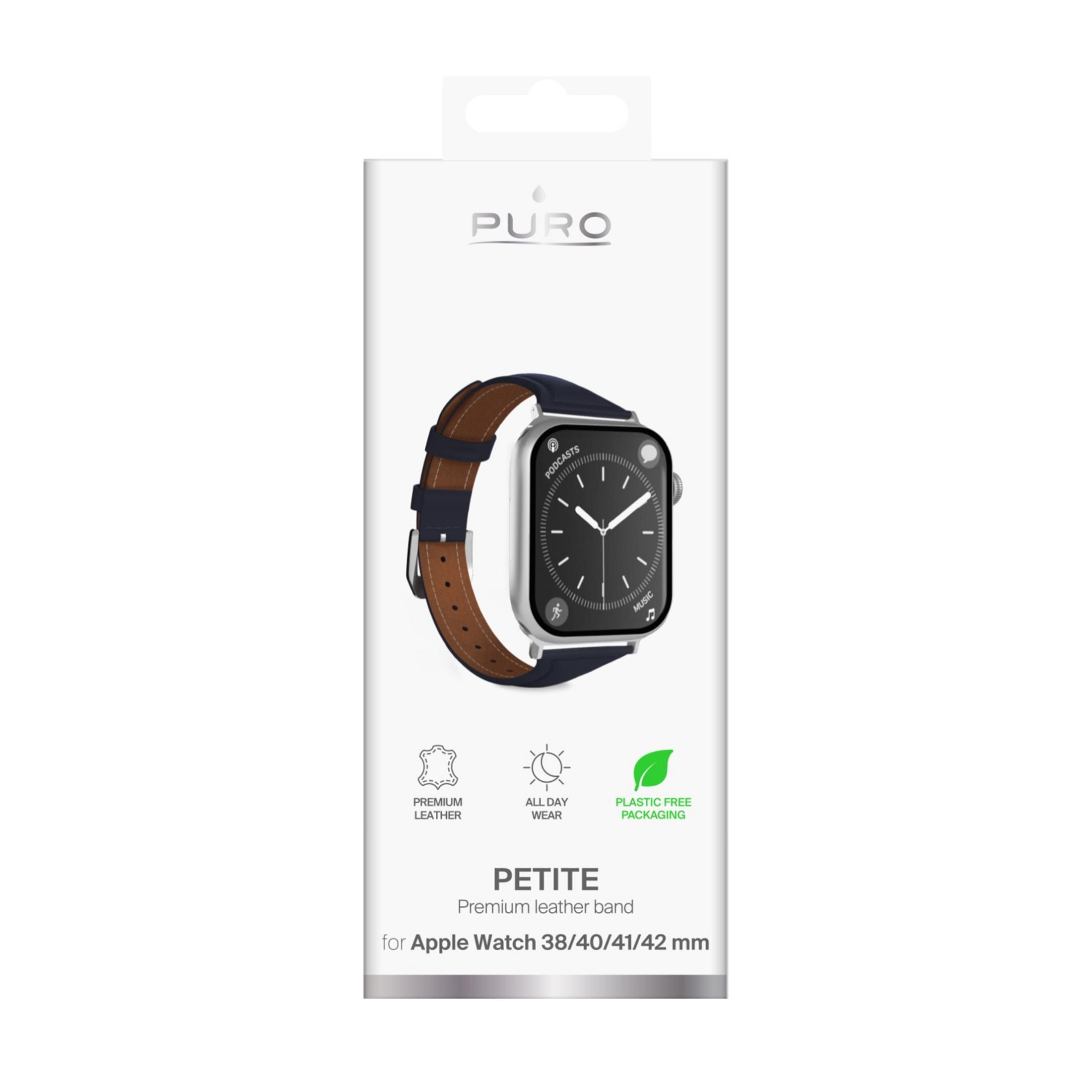 Apple Watch con correa de cuero azul oscuro en embalaje. PETITE.