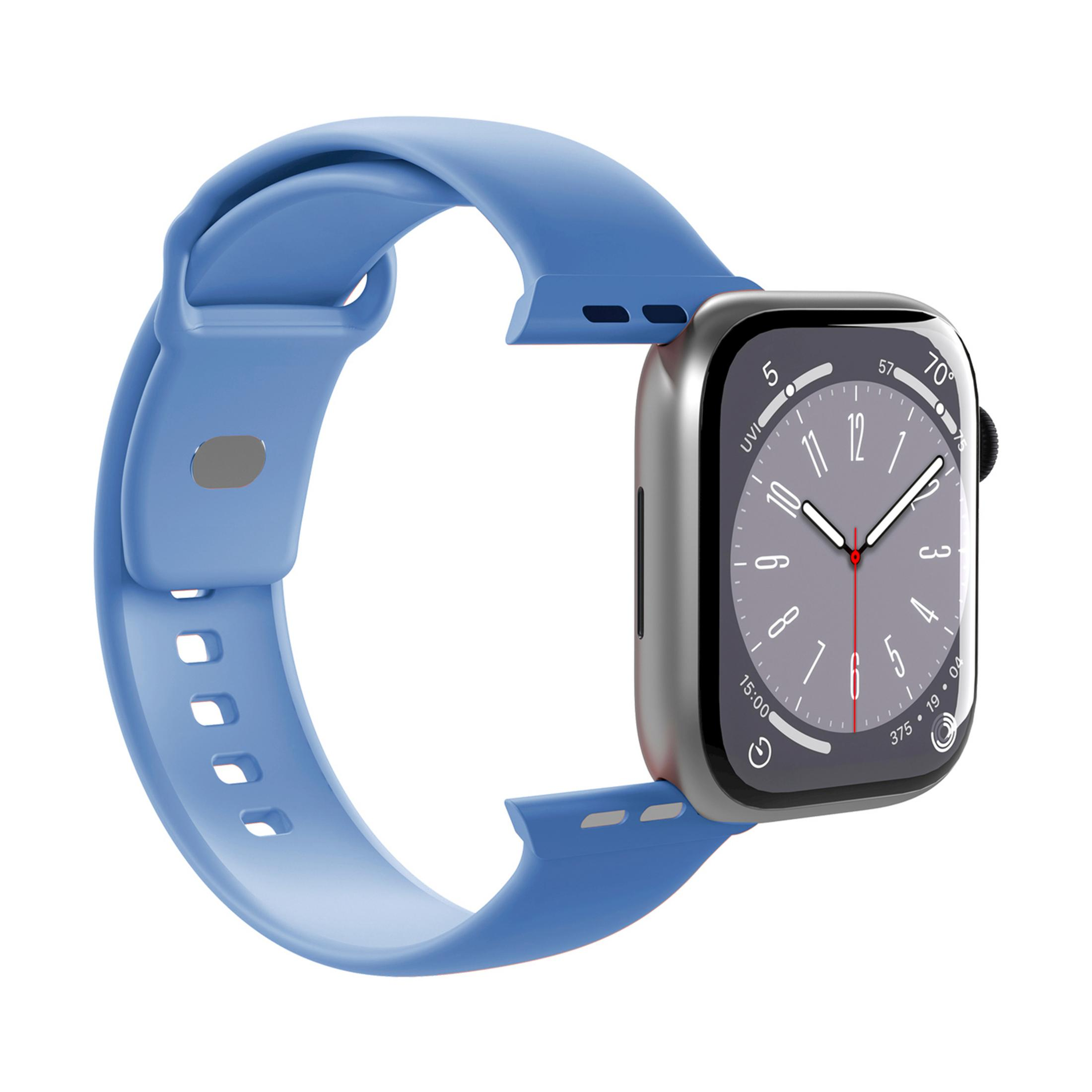 Un reloj inteligente azul con esfera digital y carcasa plateada sobre fondo blanco.