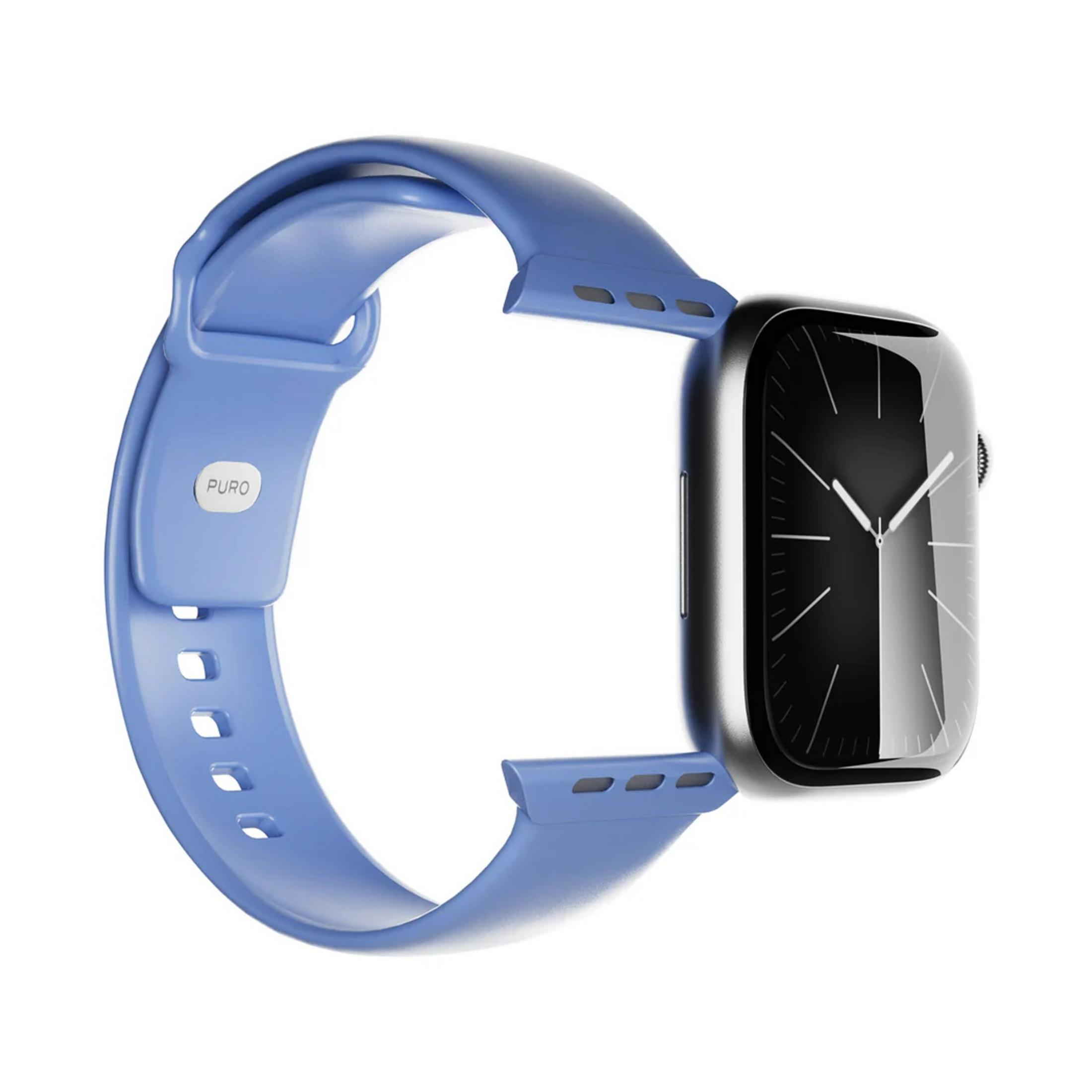 Banda azul de smartwatch con carcasa plateada y esfera negra. Logo PURO.