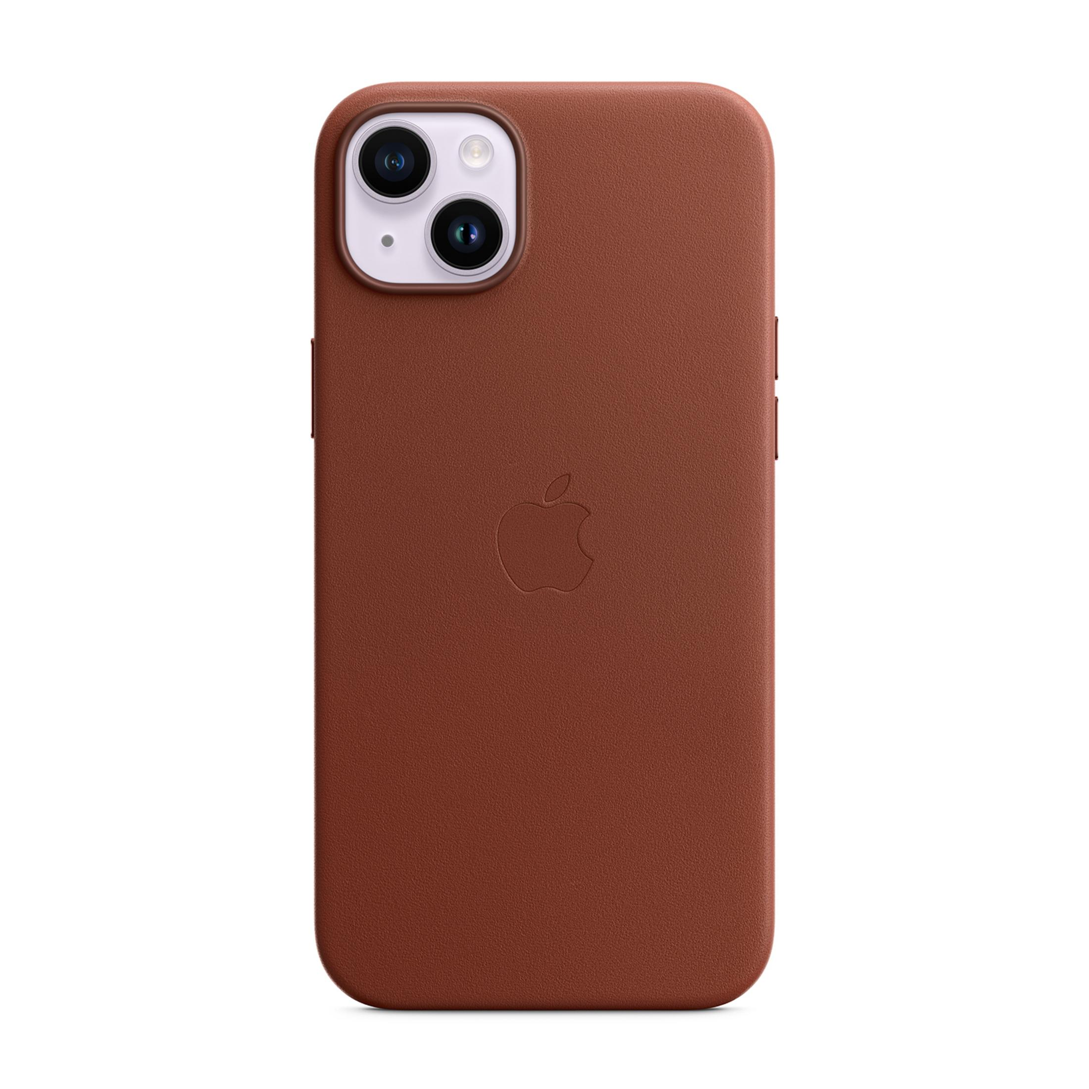 Bruine leren iPhone hoes met ingeperst Apple logo en camera-uitsparing.