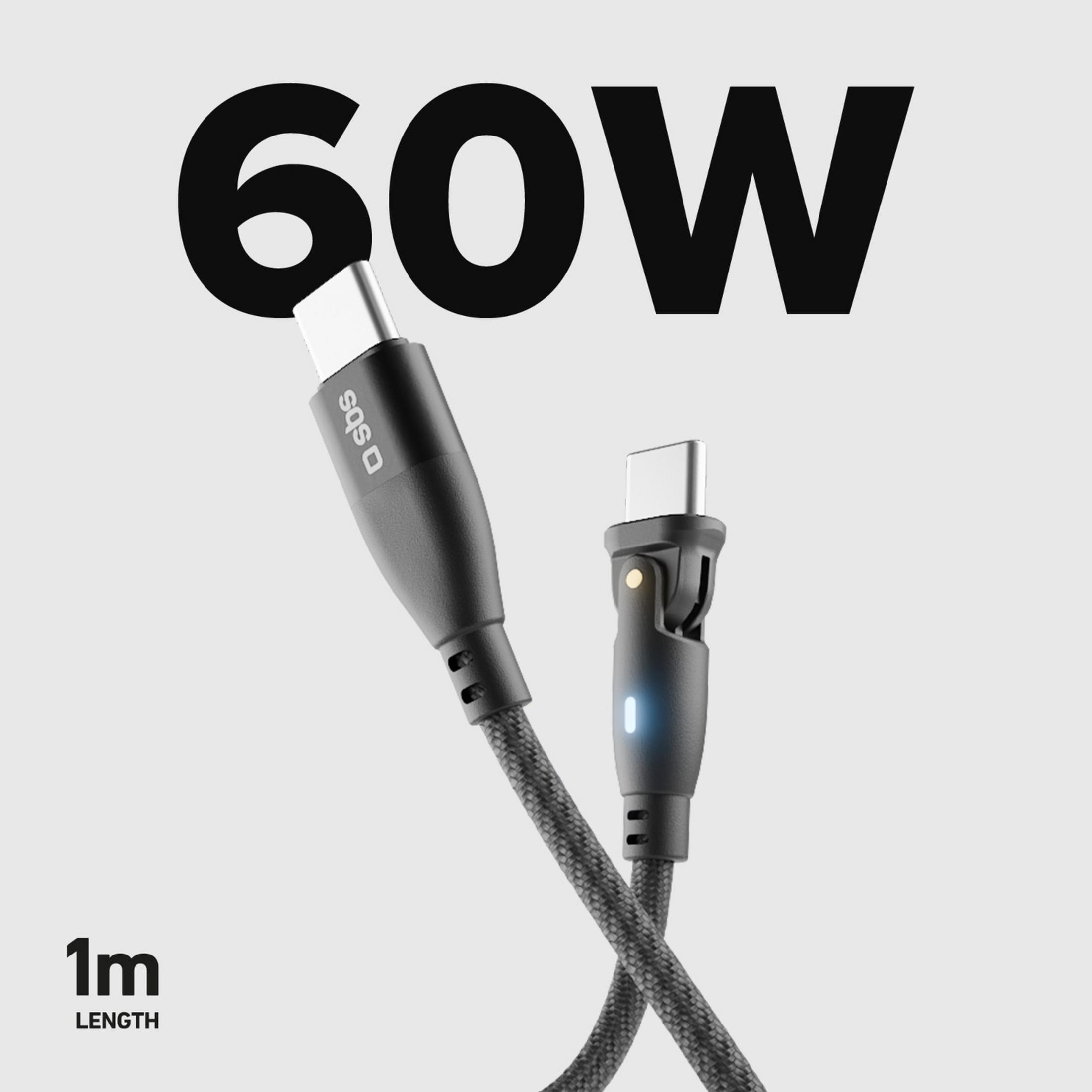 Un cable USB-C negro de 60W y 1m sobre fondo gris claro.