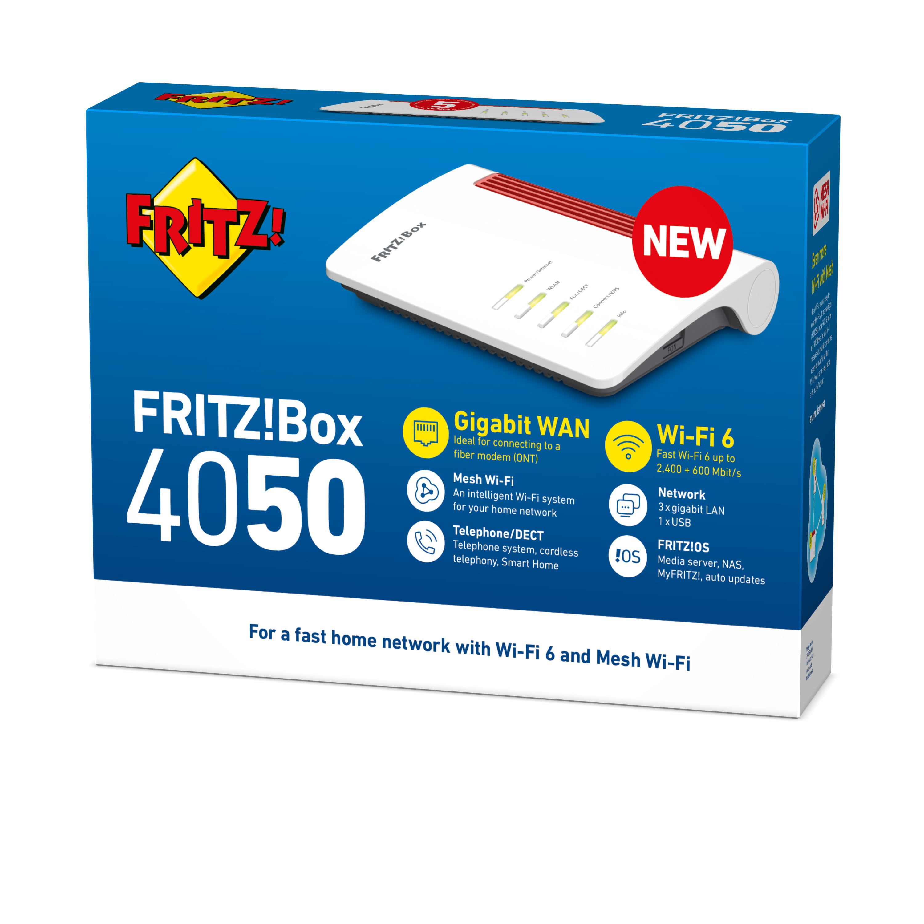 FRITZ!Box 4050 Verpackung mit Router, Gigabit WAN, Wi-Fi 6, Mesh.
