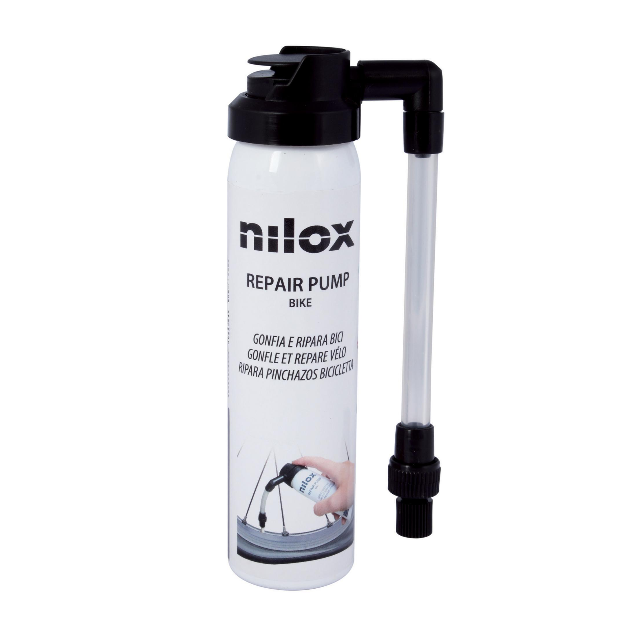 Pompa di riparazione Nilox bianca per bici con ugello e tubo neri.