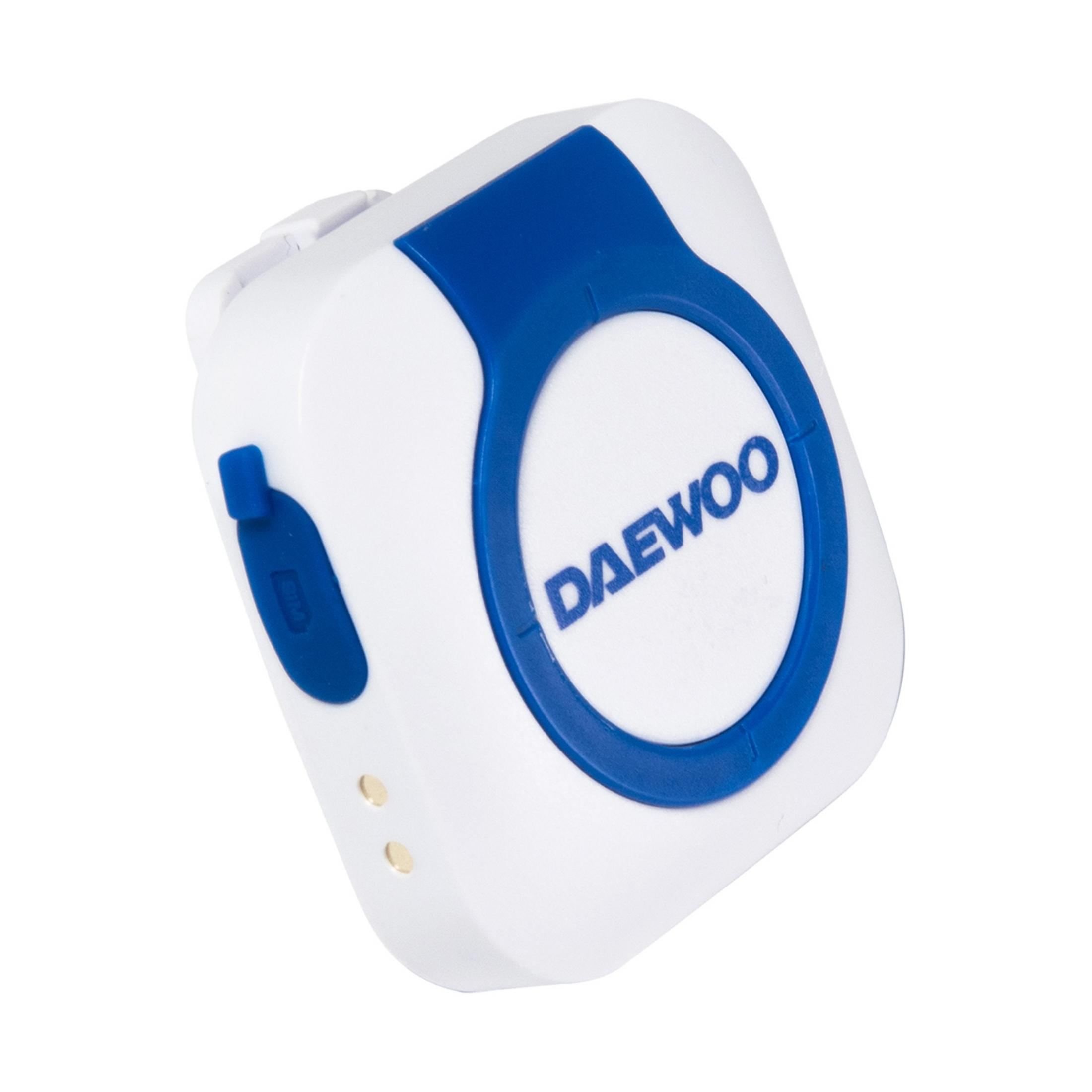 Dispositivo blanco Daewoo con acento azul y círculo.