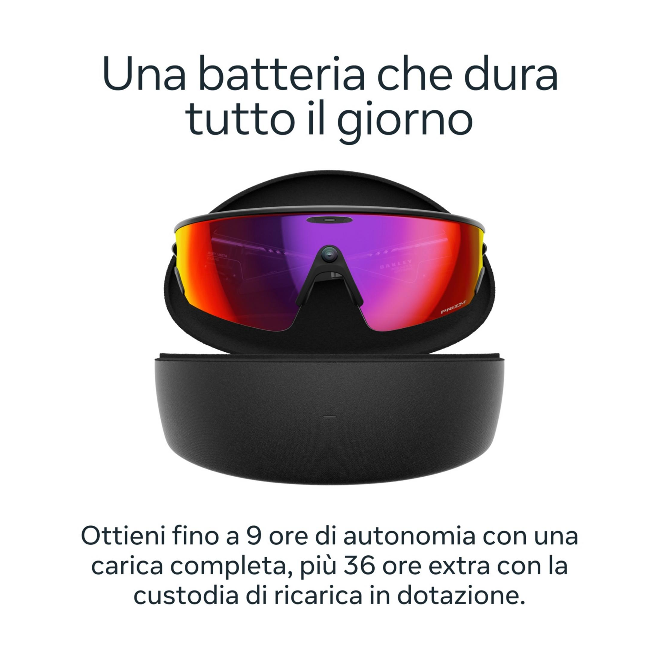 Occhiali da sole sportivi con lenti rosso-viola e montatura nera su custodia di ricarica.