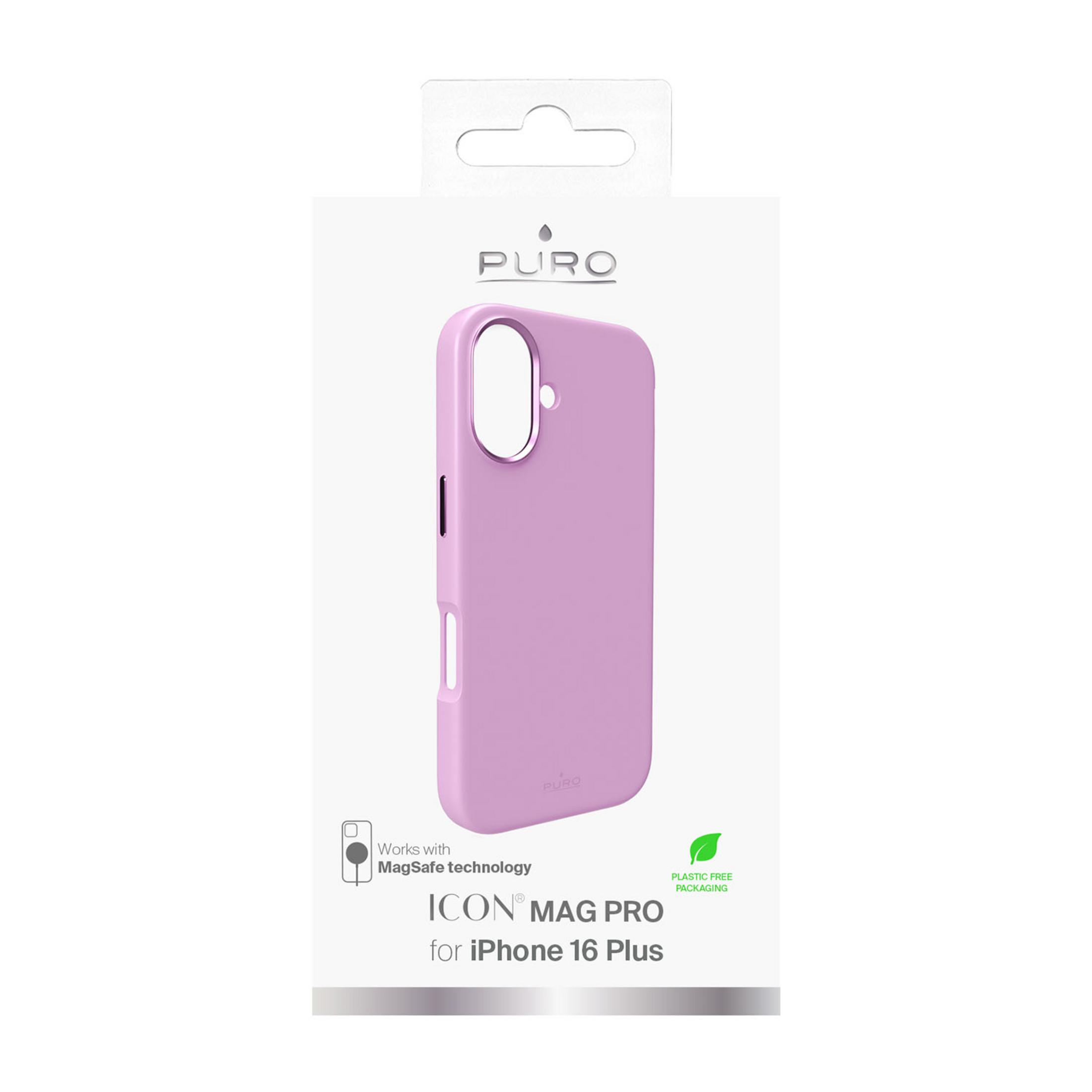Una custodia viola Puro MagSafe per iPhone 16 Plus con confezione.
