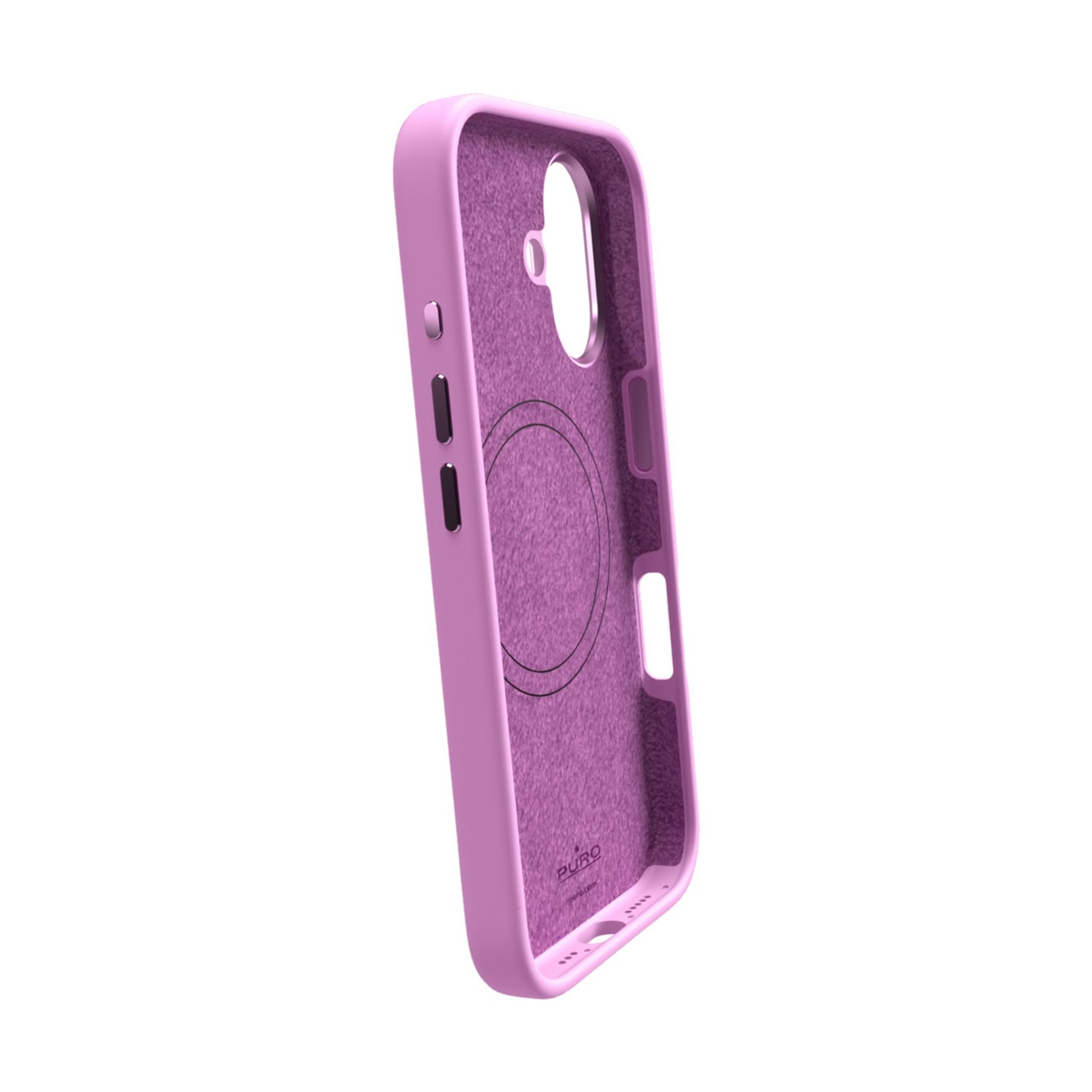 Una cover rosa per telefono con interno morbido, ritaglio fotocamera e pulsanti visibili.