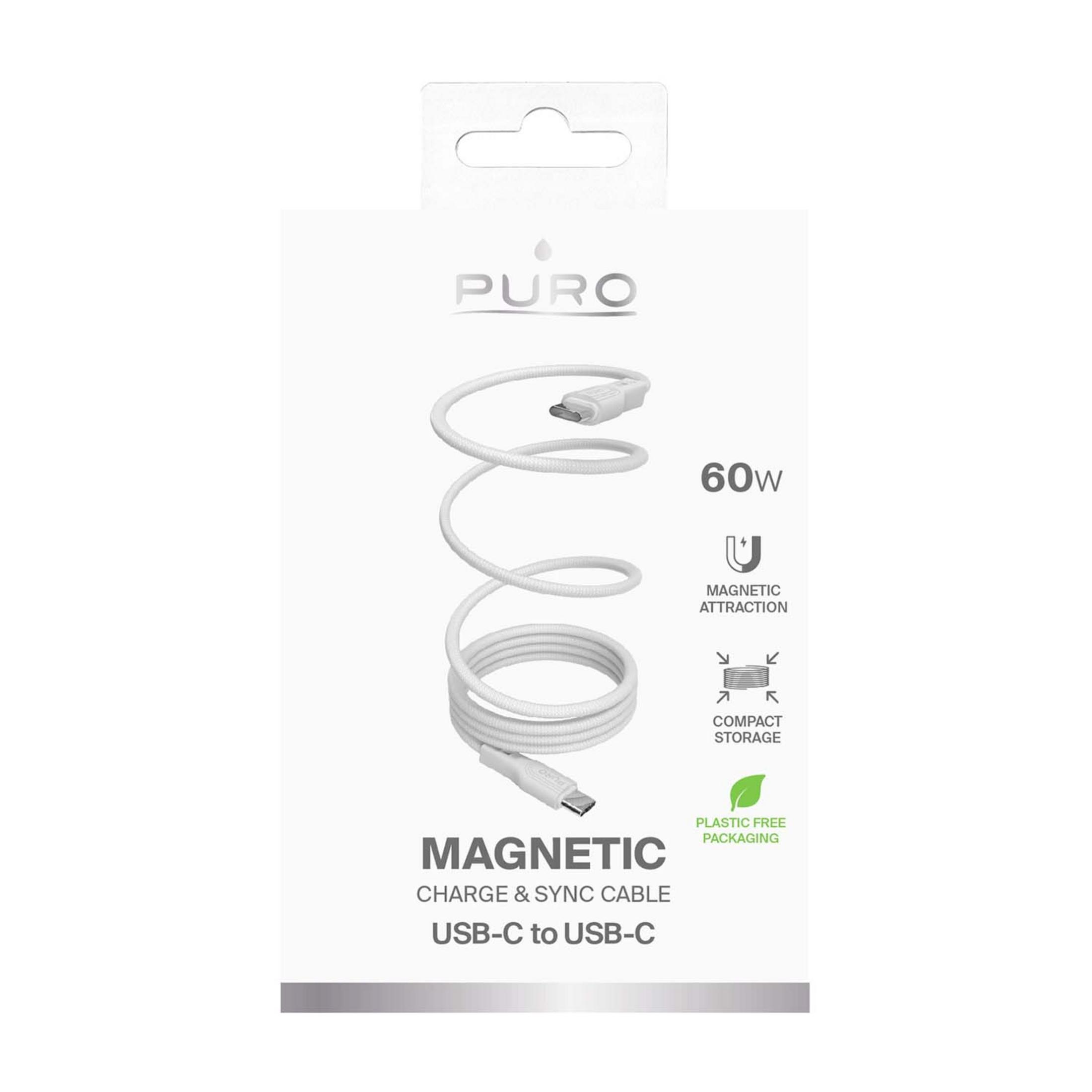 Confezione con cavo di ricarica USB-C PURO bianco, 60W, magnetico.