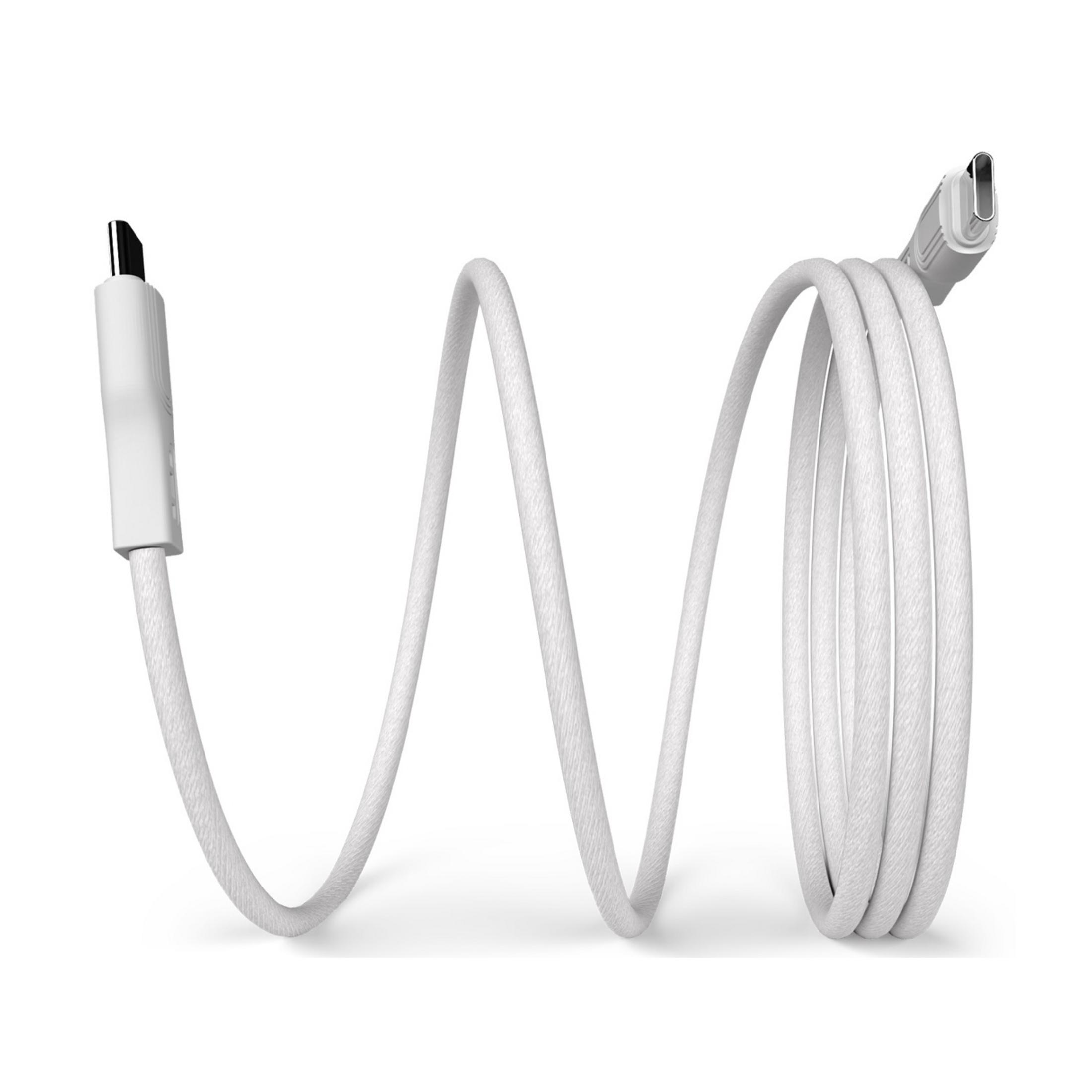 Un cavo USB-C bianco con entrambe le estremità visibili, su sfondo bianco.