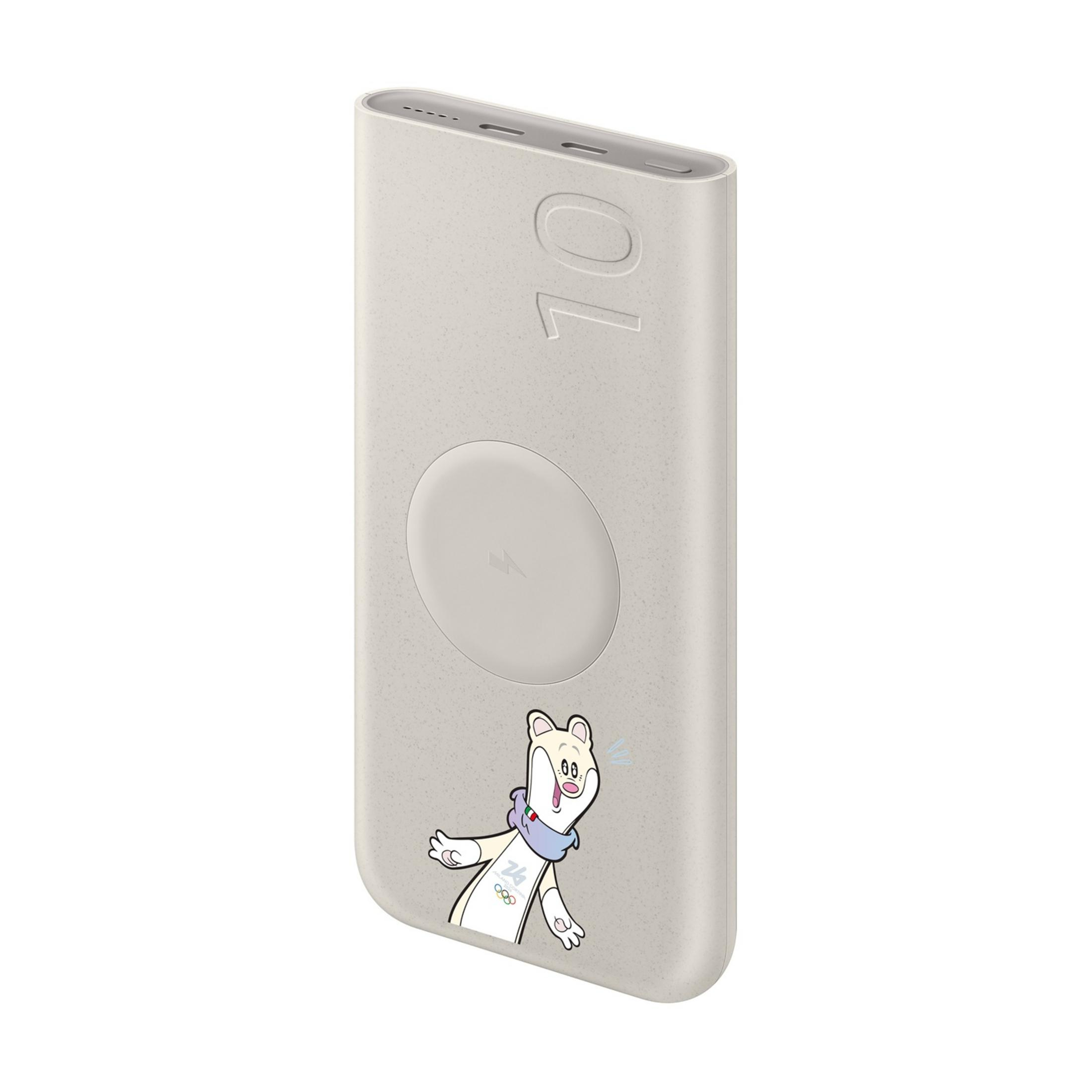 Un power bank beige chiaro con il numero 10 e un orso dei cartoni.