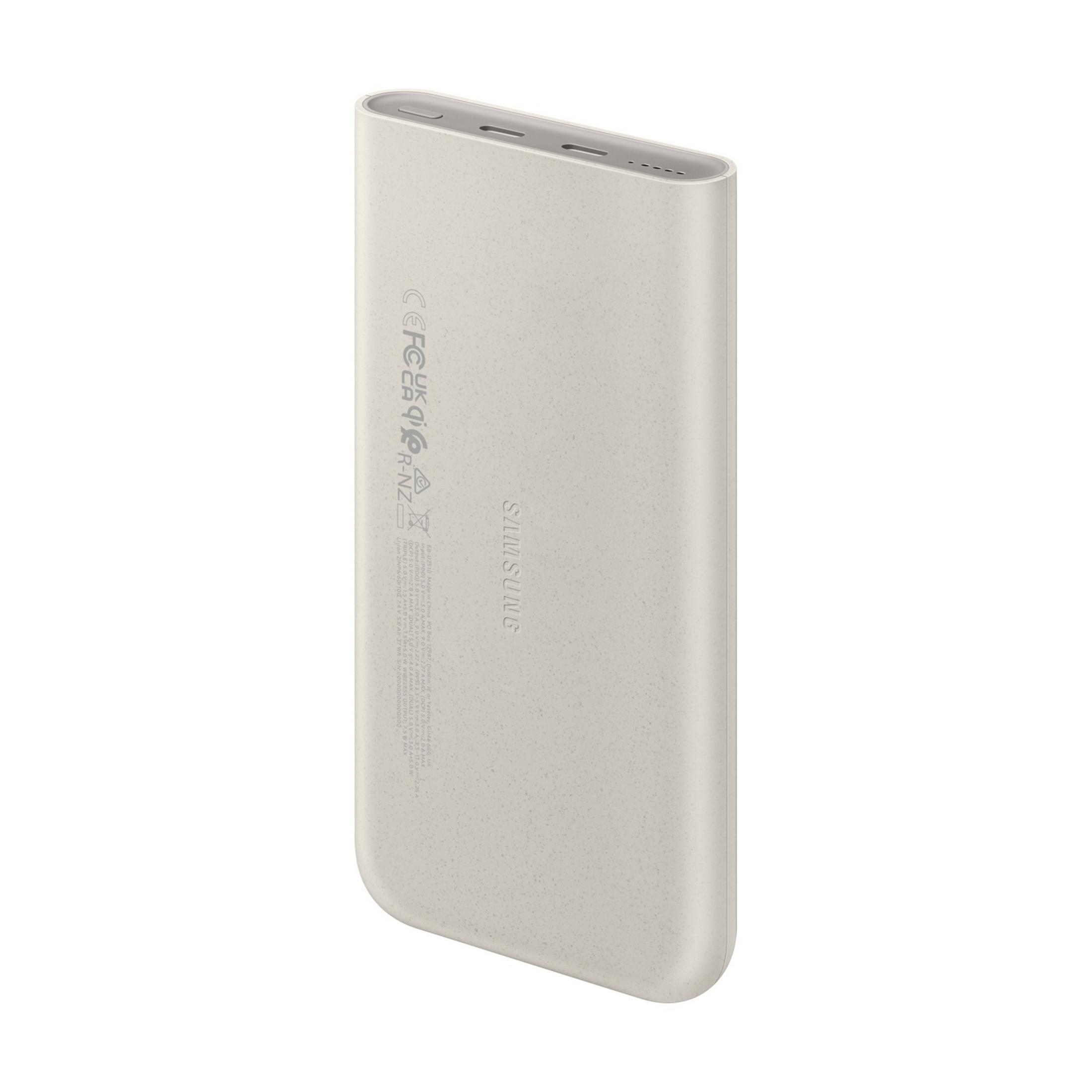 Un power bank Samsung beige con indicatori di carica e porte USB.