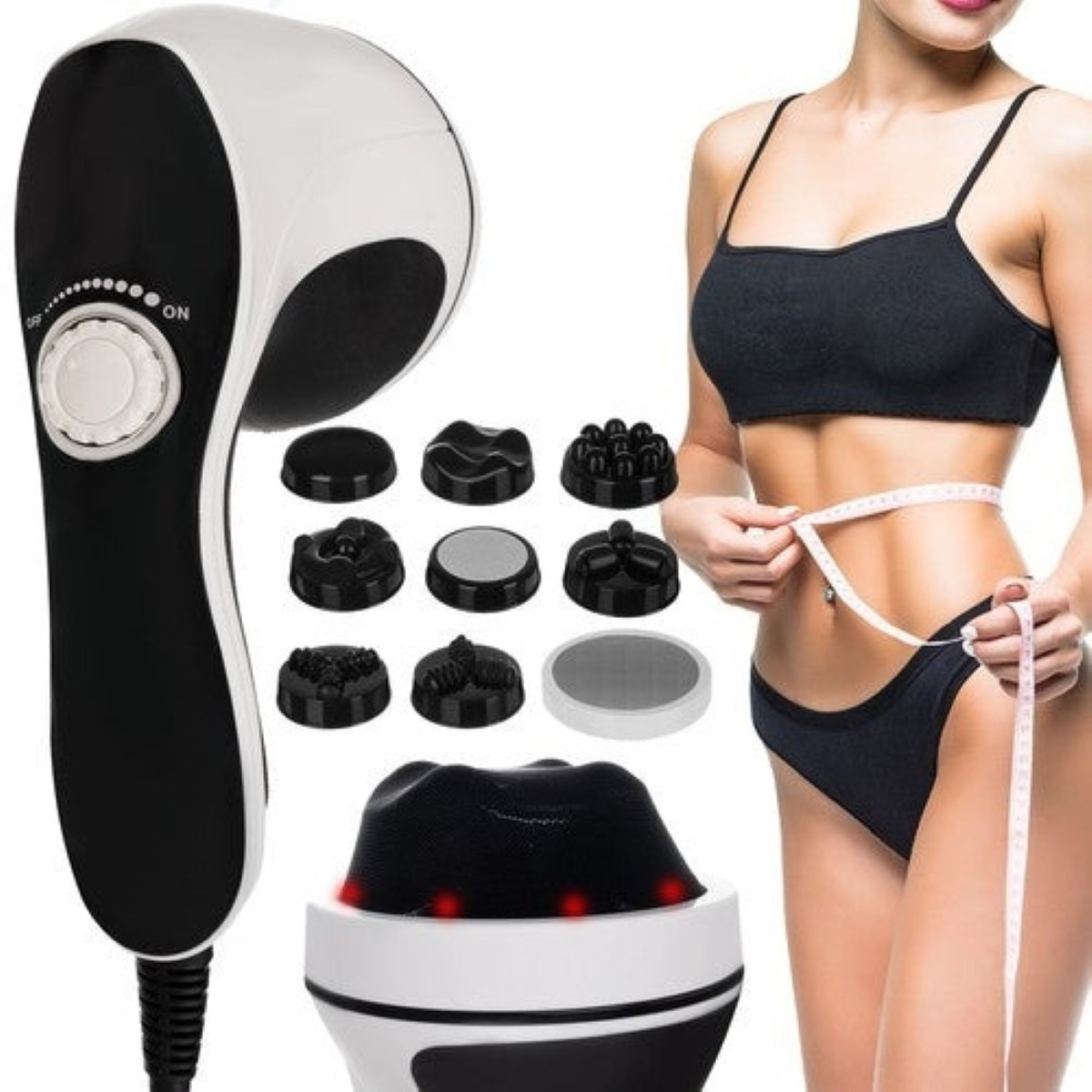 Un masajeador con varios accesorios y una mujer midiéndose la cintura.