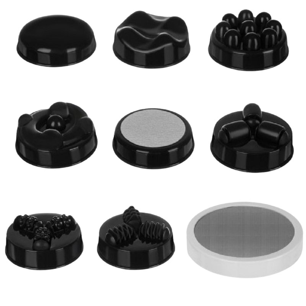 Nueve accesorios de masaje negros, algunos con tetinas, uno ondulado, uno con bolas.
