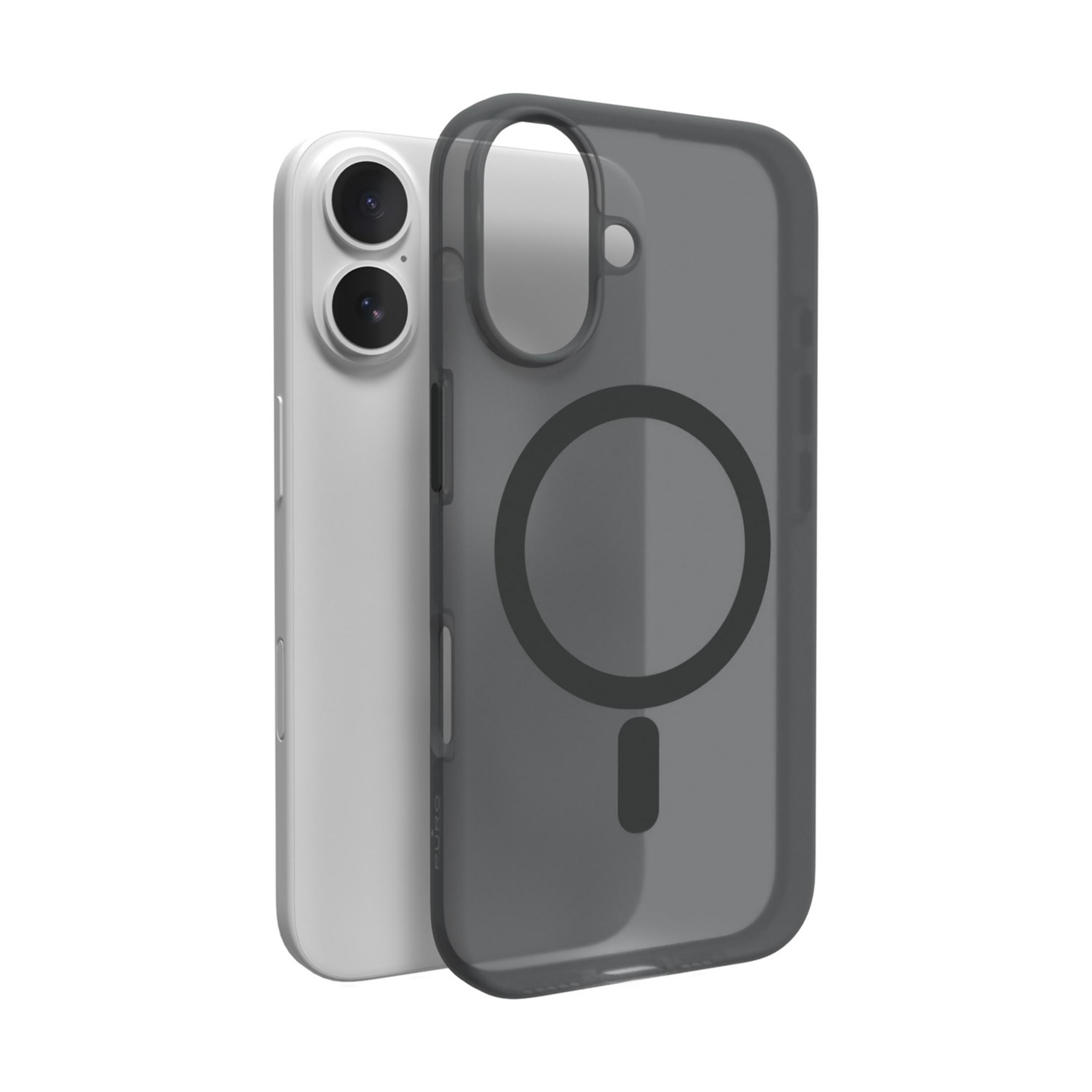 Uno smartphone bianco con due fotocamere è accanto a una custodia grigia trasparente.