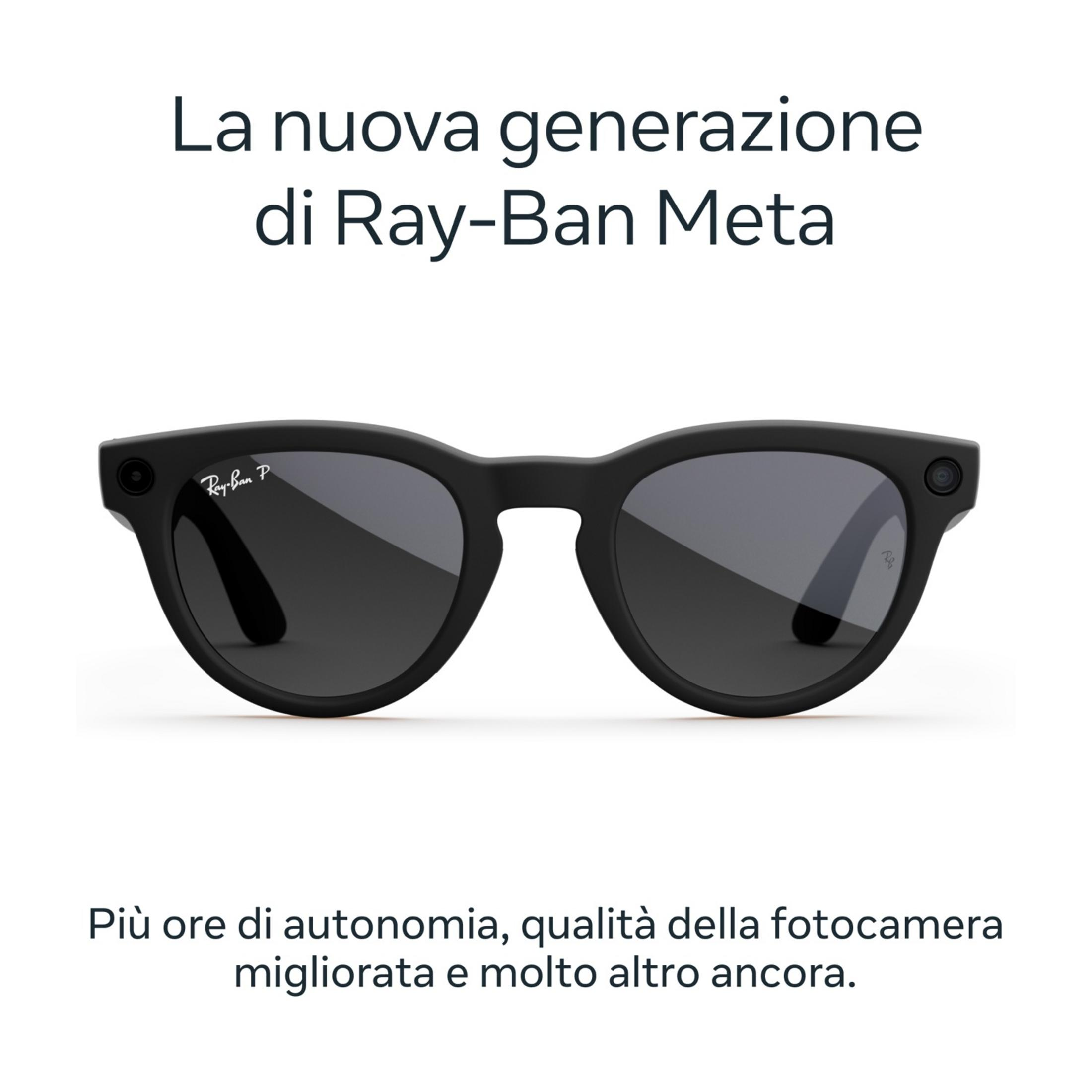 Occhiali smart Ray-Ban Meta neri con fotocamere e logo Ray-Ban.